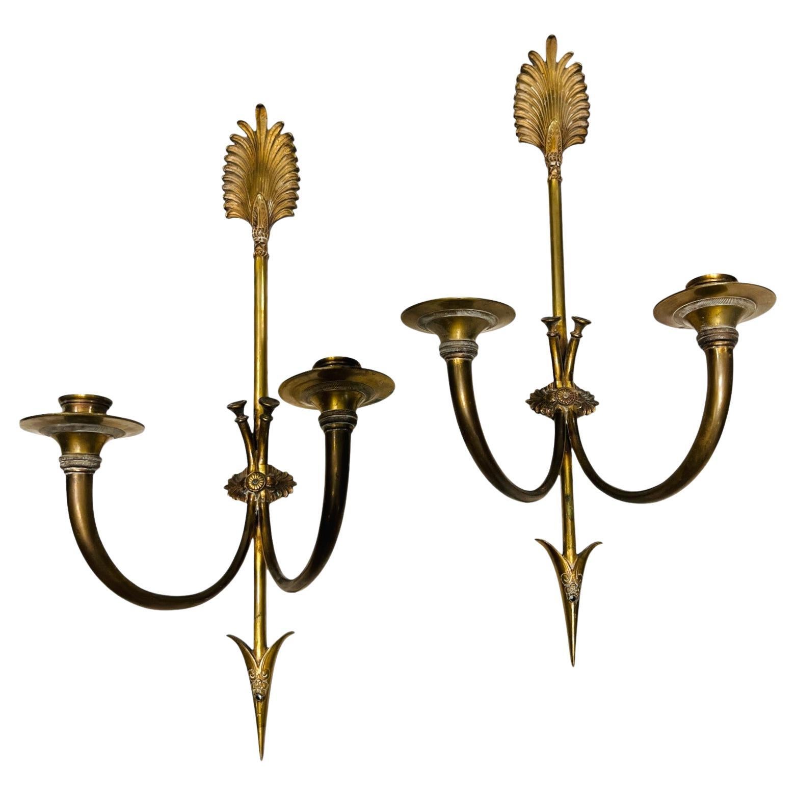 20c French Pair of Bronze Arrow Sconces For Sale