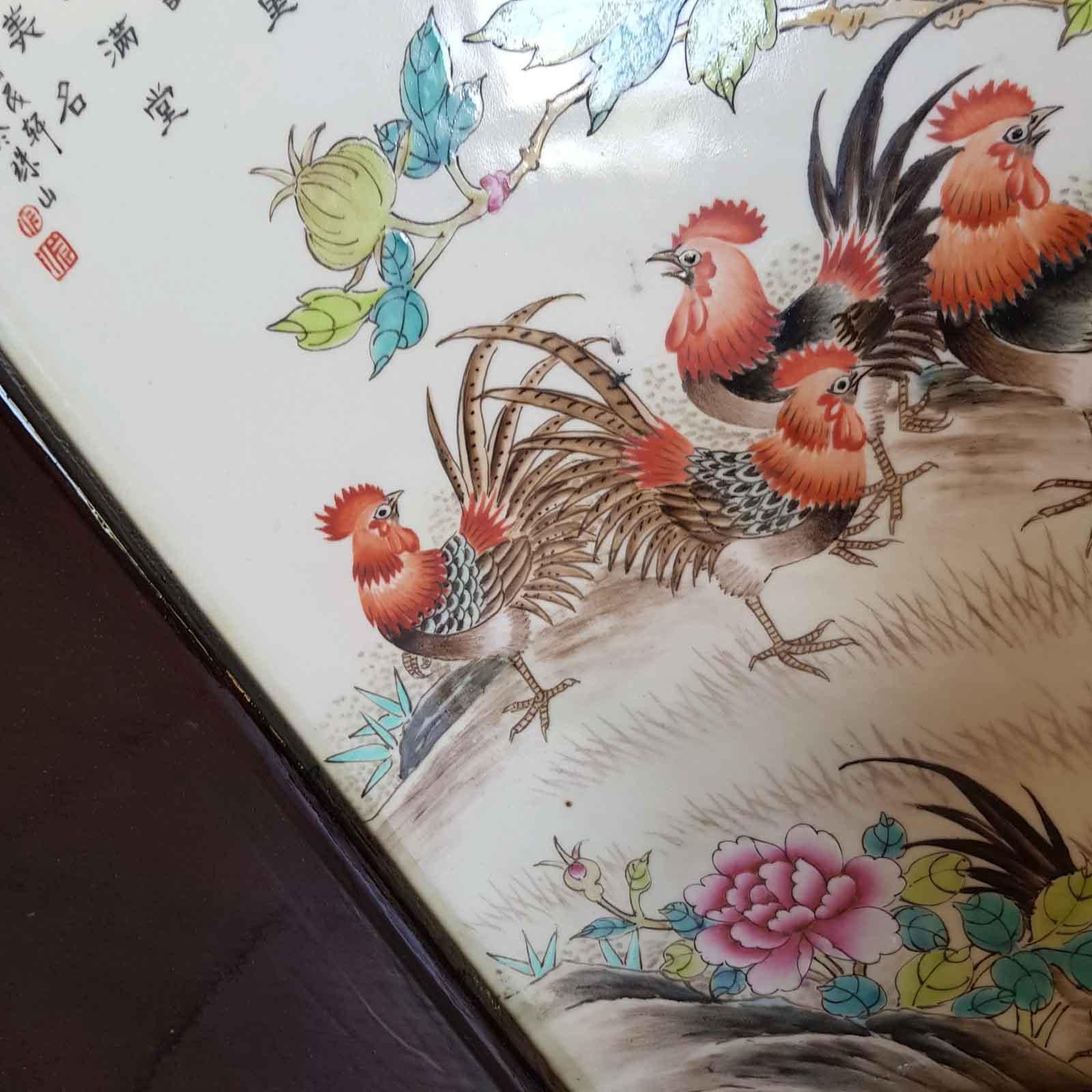 20C Large Chinese Porcelain Plaque Painting Roosters in Garden Calligraphy For Sale 10