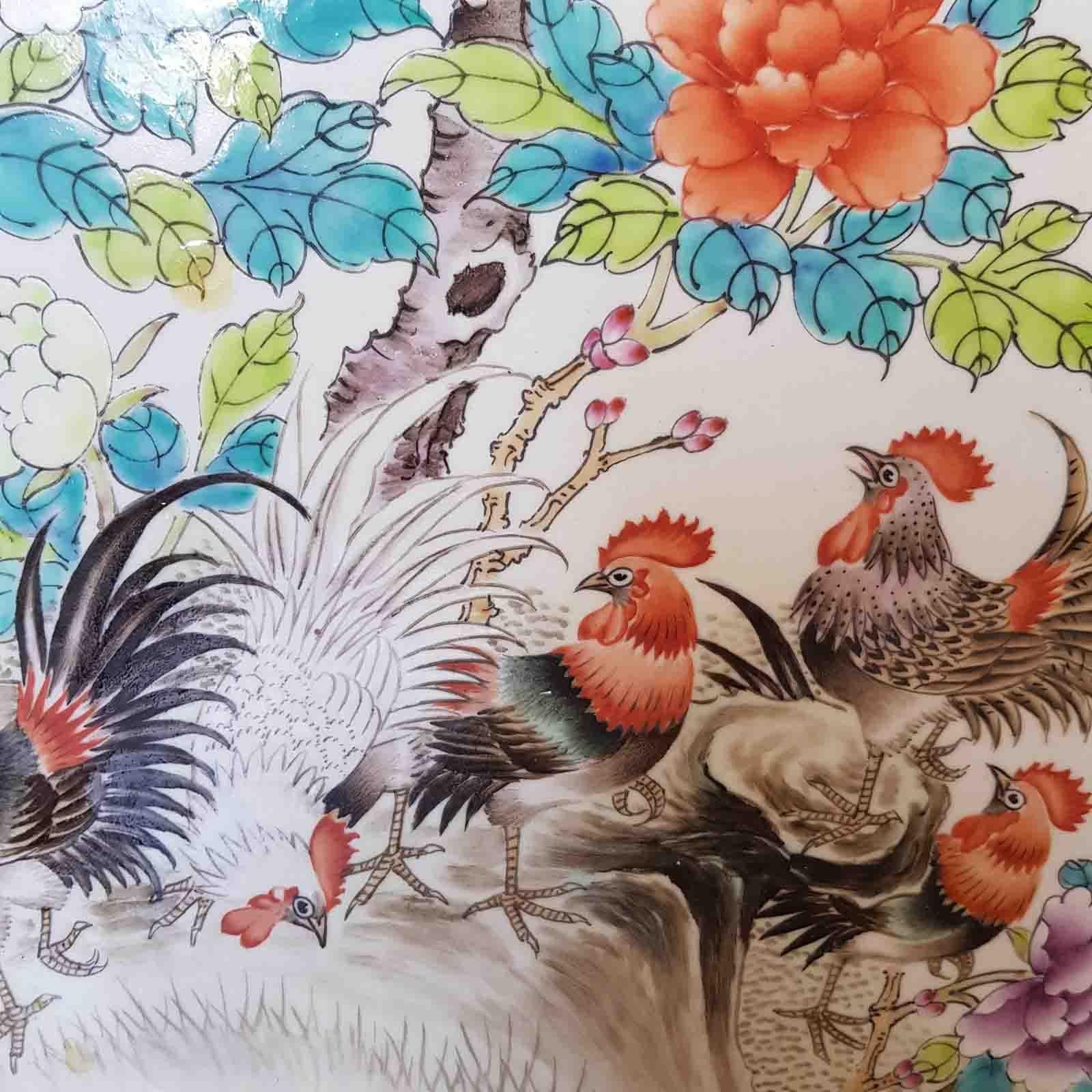 20C Large Chinese Porcelain Plaque Painting Roosters in Garden Calligraphy For Sale 12