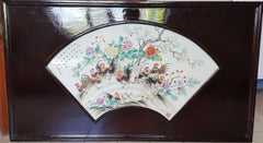 20C Large Chinese Porcelain Plaque Painting Roosters in Garden Calligraphy