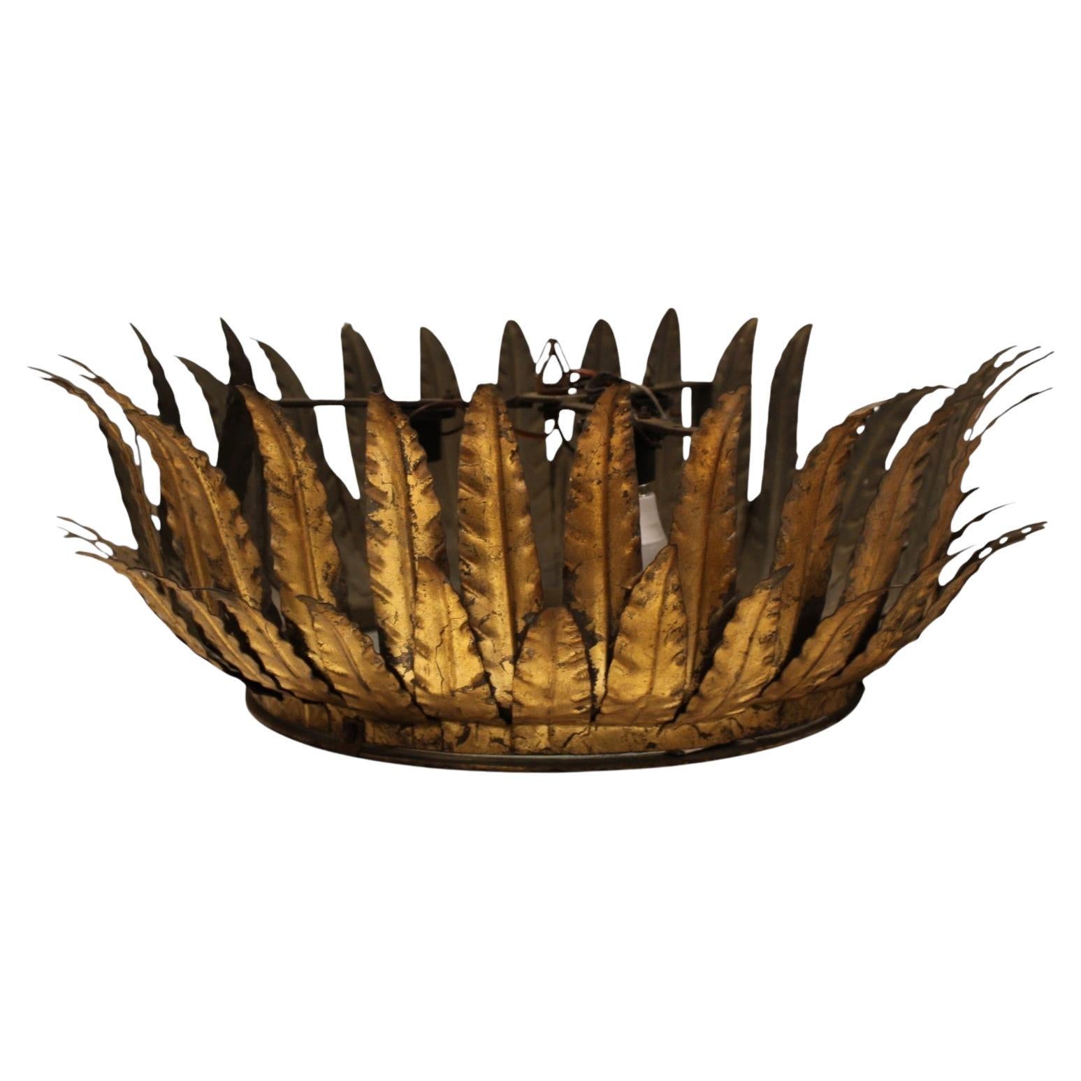 20c Spanish Gilded Iron Ceiling Fixture with Glass Diffuser For Sale