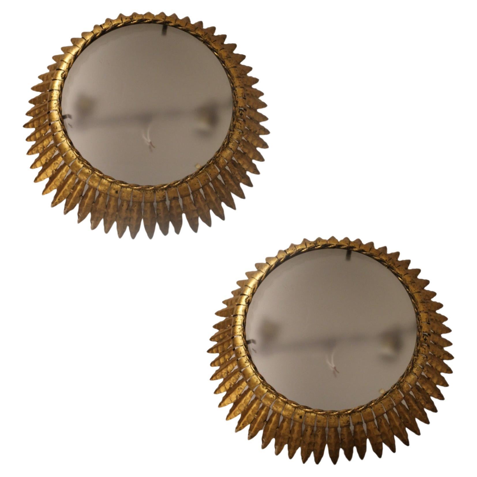 20c Spanish Pair of Gilded Iron Acanthus Leaf Fixtures with Glass Diffusers For Sale