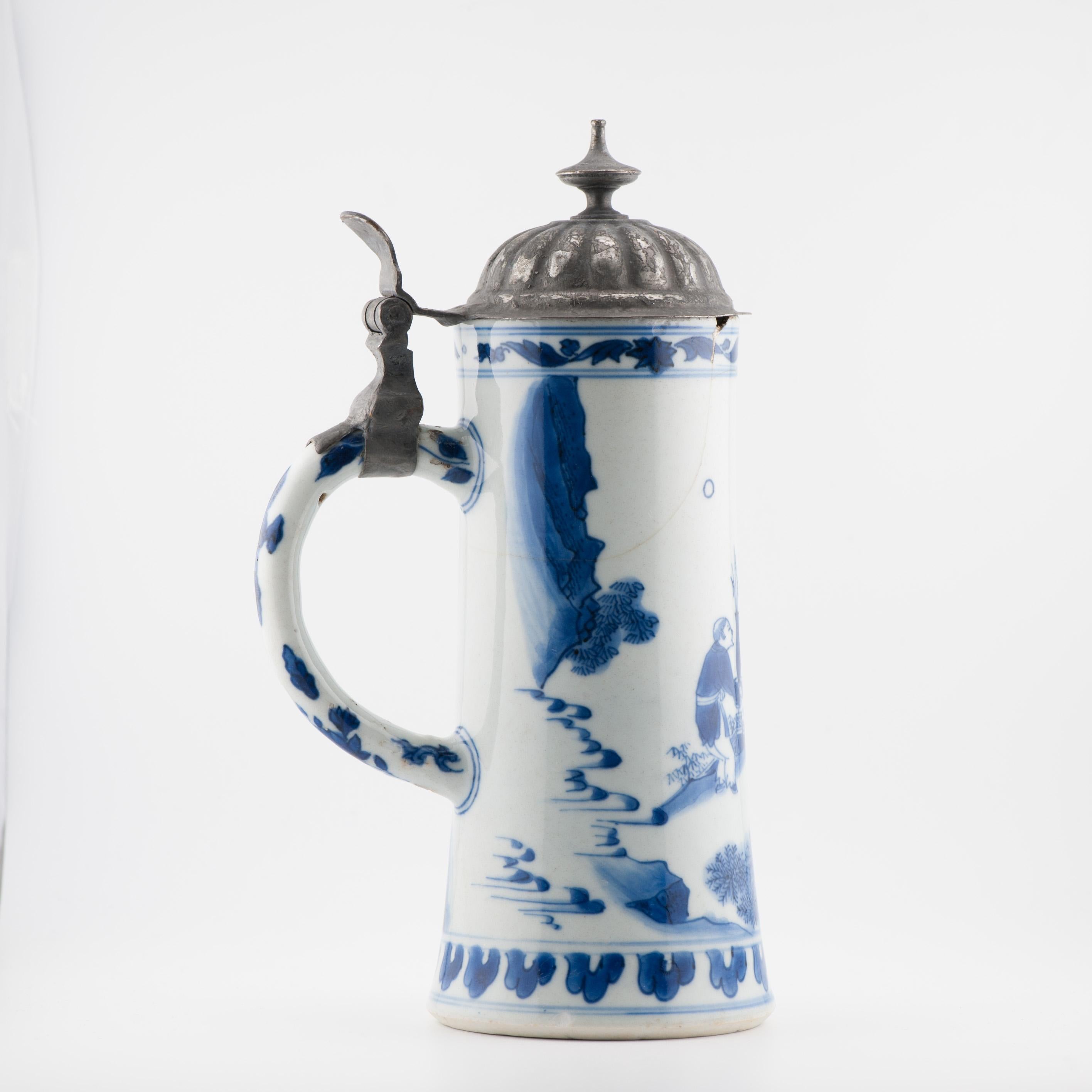 20CM Antique Chinese 17C Chongzhen Transitional Chinese Porcelain Tankard For Sale 7
