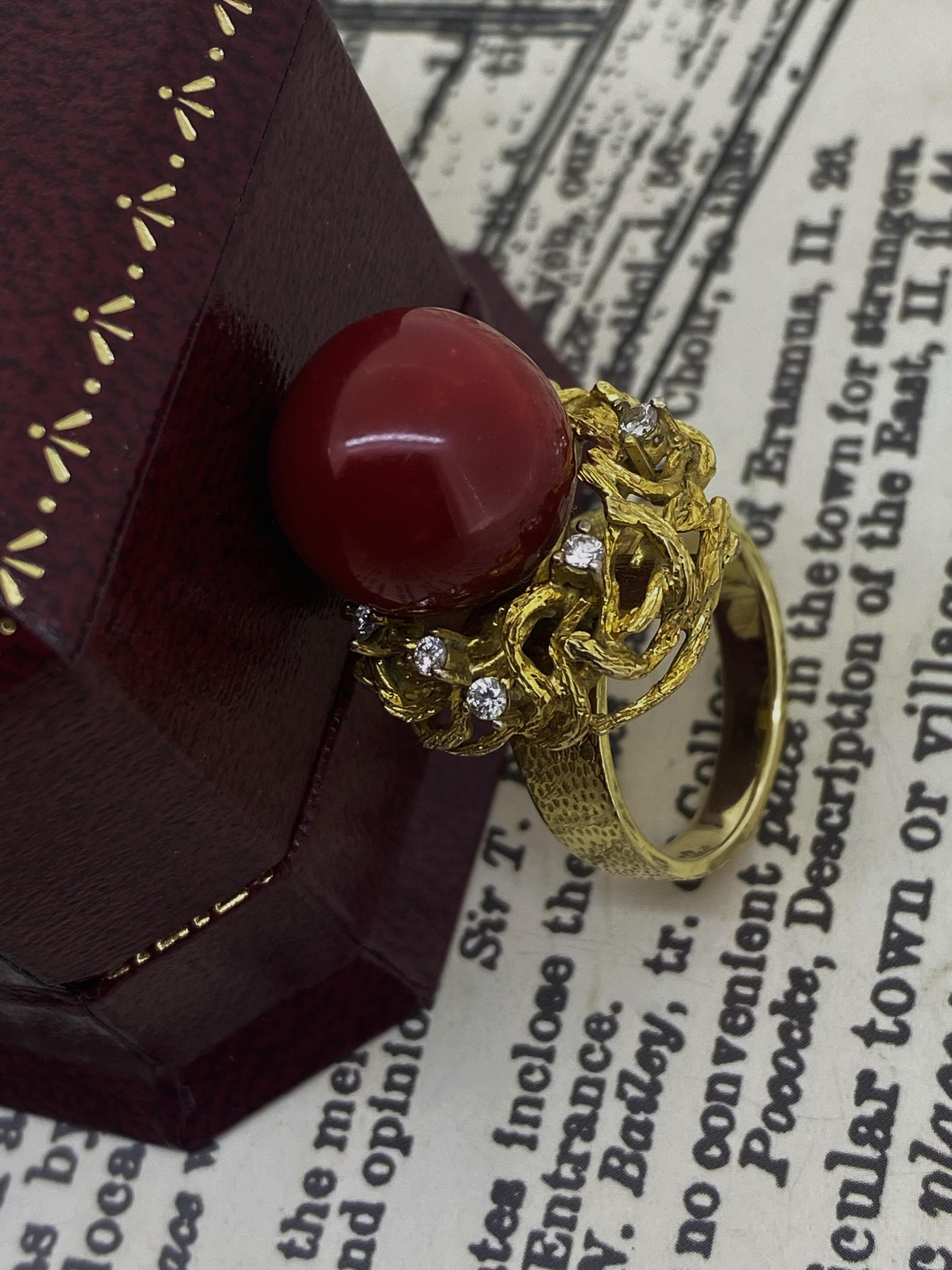 This extraordinary piece of jewelry is handmade, 
of Italian provenance & dating from 1960's 

~~~

It features a top quality natural 
Ox Blood Coral 
of deep intense vivid red colour - 
which is a highly desirable & most sought after colour 

of