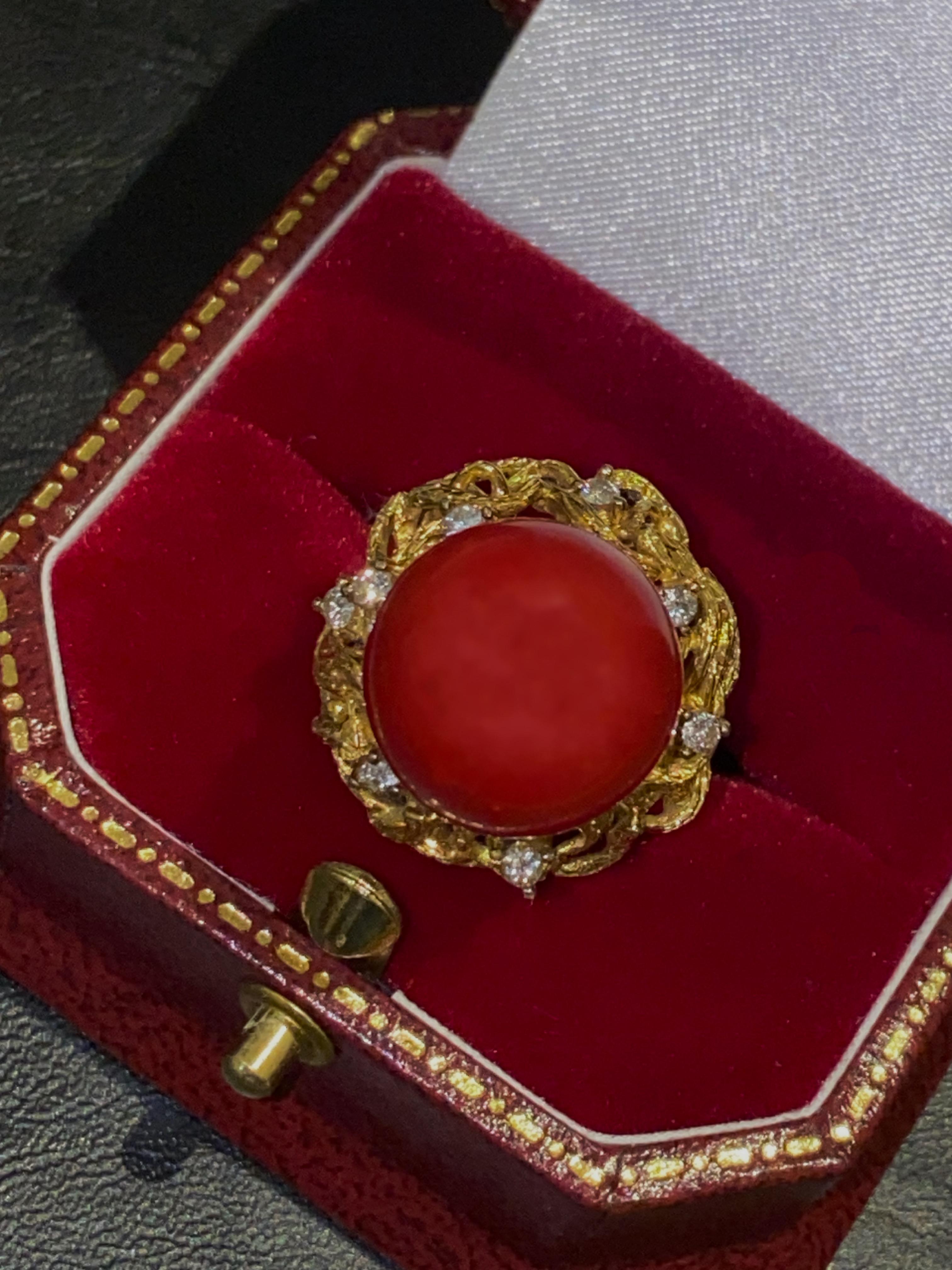 Cabochon 20ct (14mm) Natural Mediterranean OxBlood Red Coral & Diamond Ring in 14K Gold. For Sale
