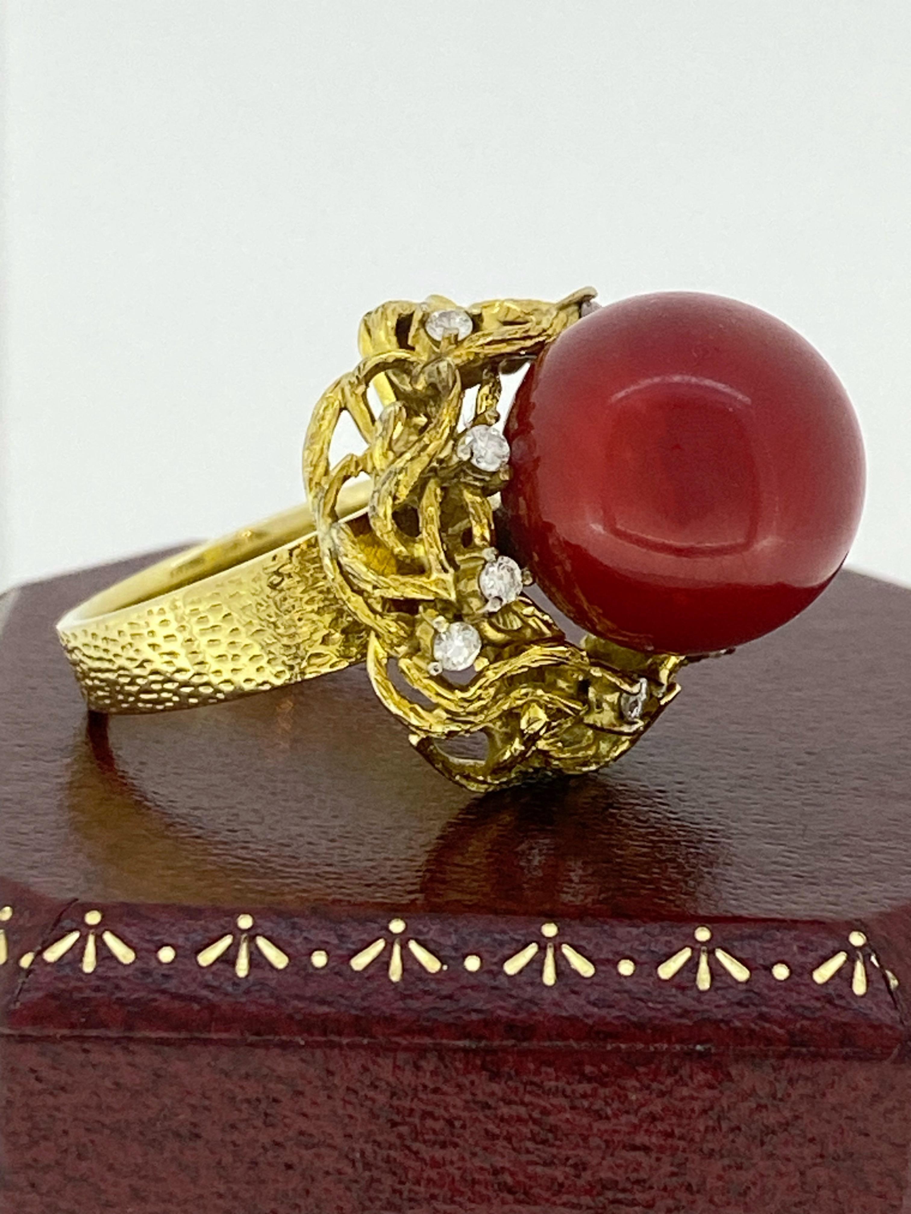 20ct (14mm) Natural Mediterranean OxBlood Red Coral & Diamond Ring in 14K Gold. In Excellent Condition For Sale In MELBOURNE, AU