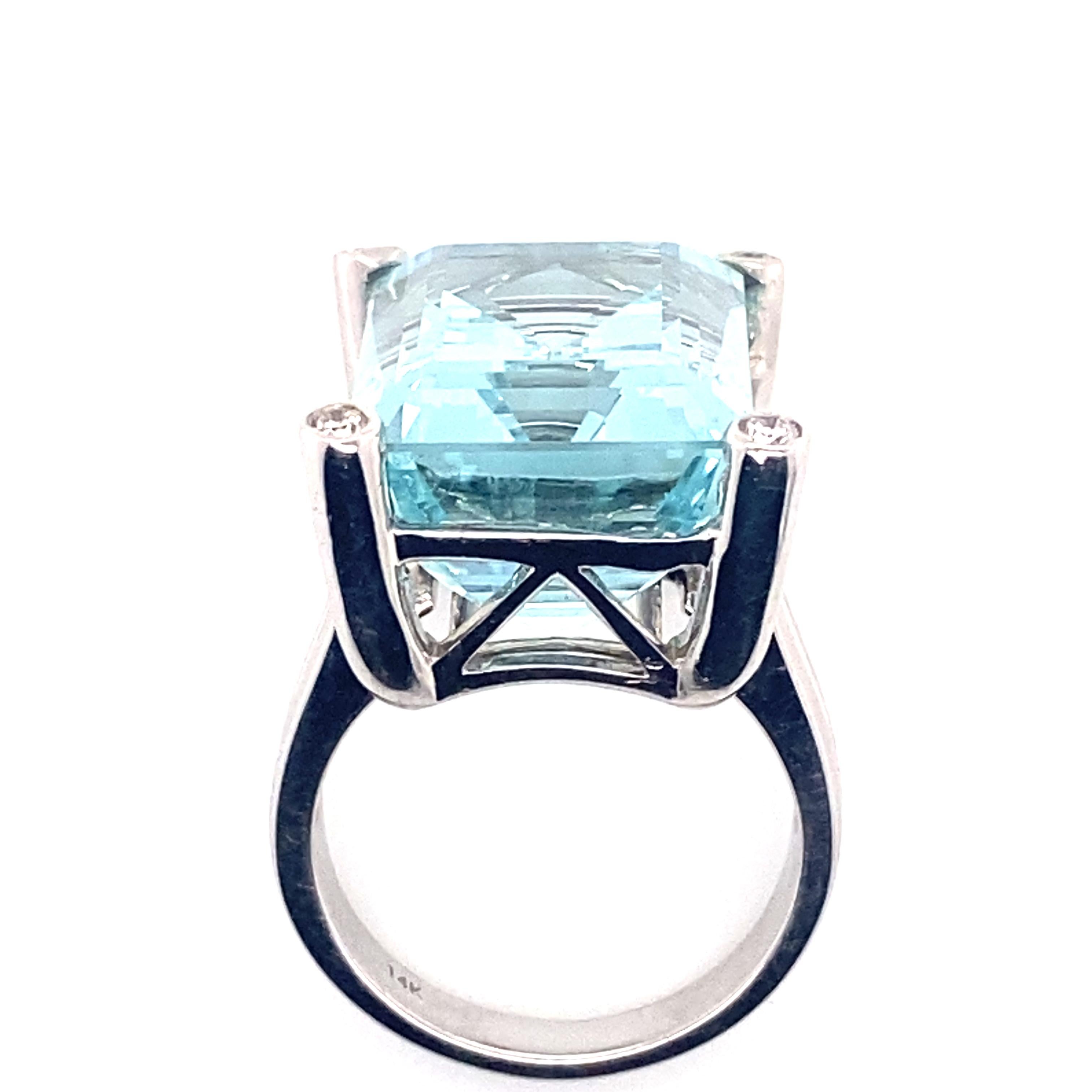 Emerald Cut 20ct Aquamarine and Diamond Cocktail Ring For Sale