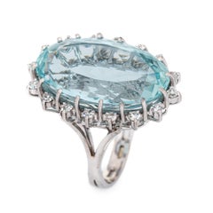 20ct Aquamarine Diamond Ring Vintage Large Oval Cocktail Jewelry 18k White Gold