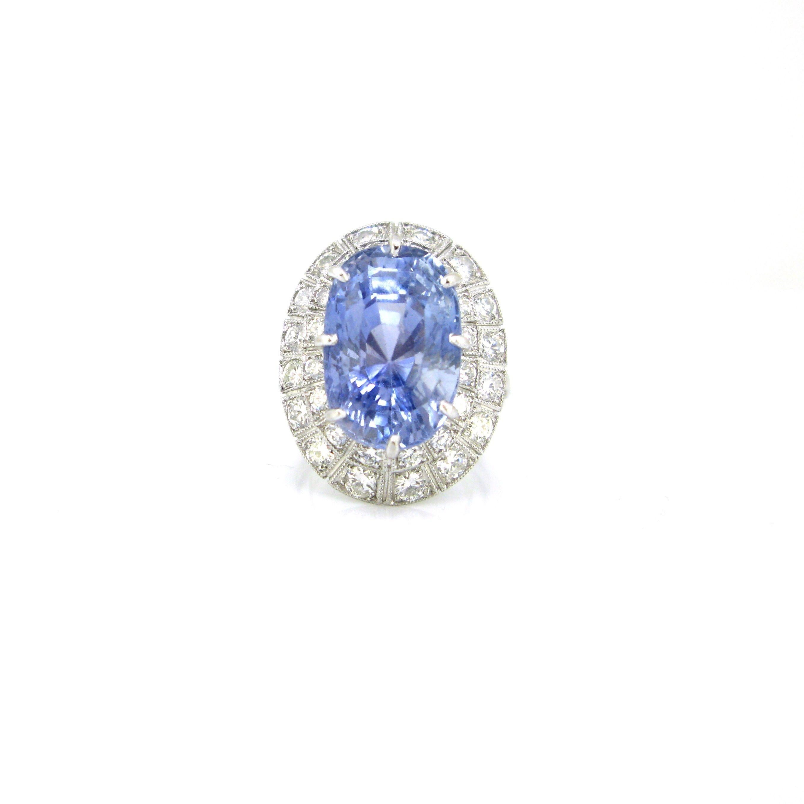 Oval Cut 20ct Ceylon Natural Sapphire Diamonds Cluster Ring, Platinum, France, circa 1940 For Sale