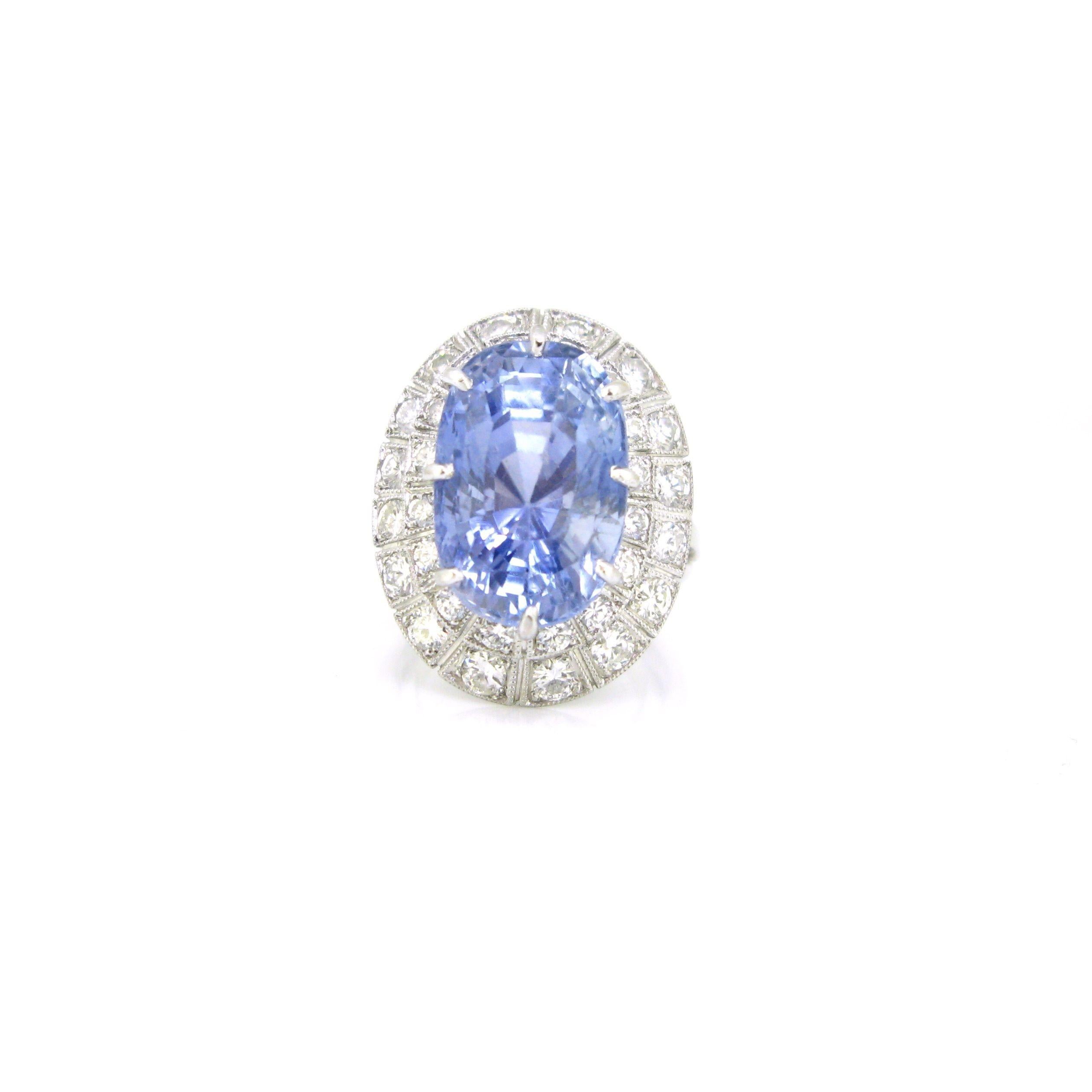 20ct Ceylon Natural Sapphire Diamonds Cluster Ring, Platinum, France, circa 1940 For Sale 2