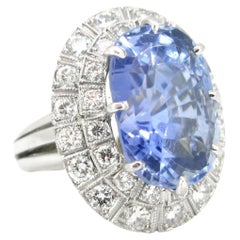 Vintage 20ct Ceylon Natural Sapphire Diamonds Cluster Ring, Platinum, France, circa 1940