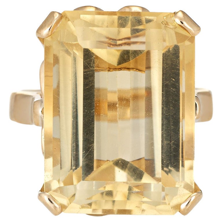 20ct Lemon Citrine Ring Vintage 14k Yellow Gold Emerald Cut Estate Fine Jewelry For Sale