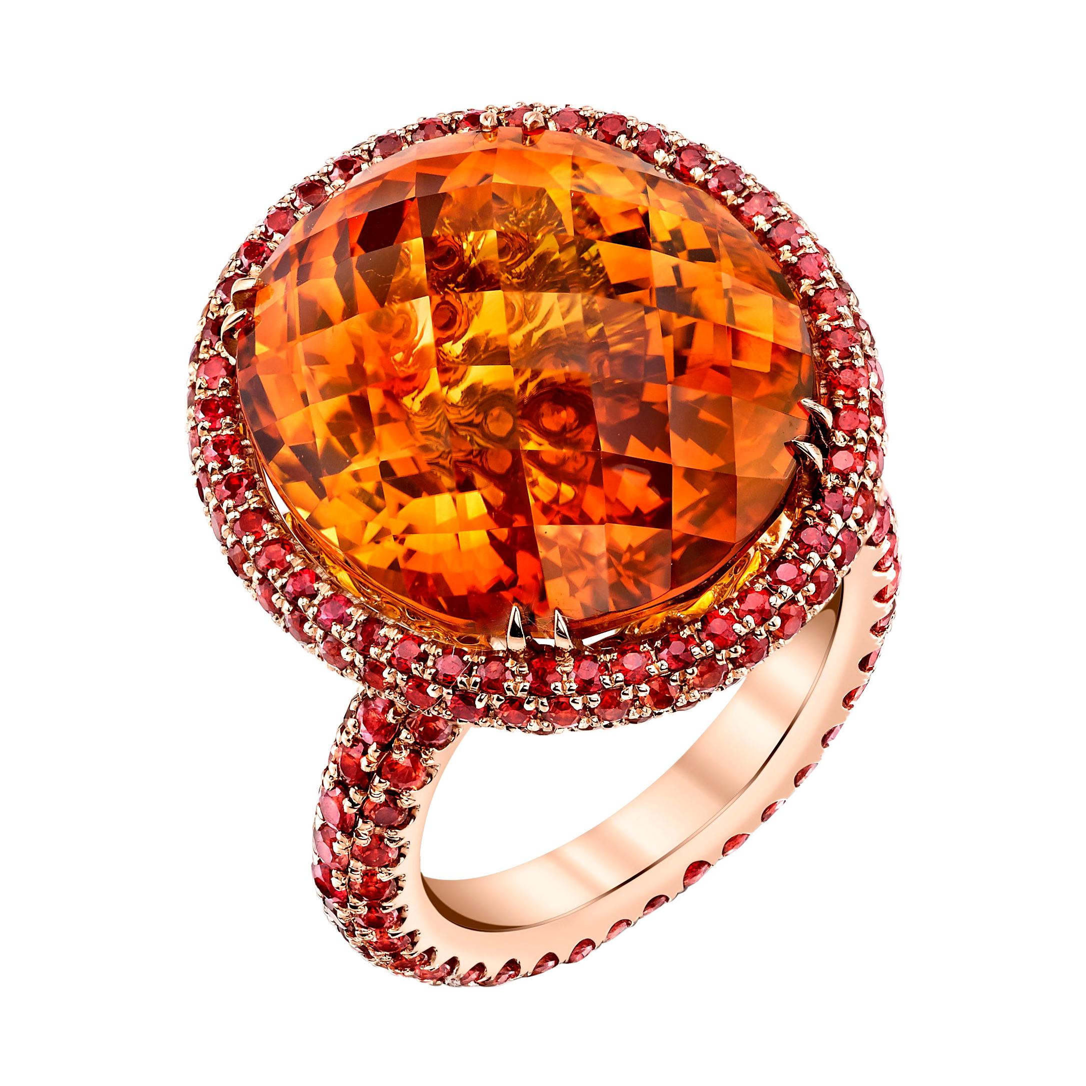 20ct+ Mandarin Orange Citrine, 5.81ct Orange Sapphires, 18RG Fashion Ring