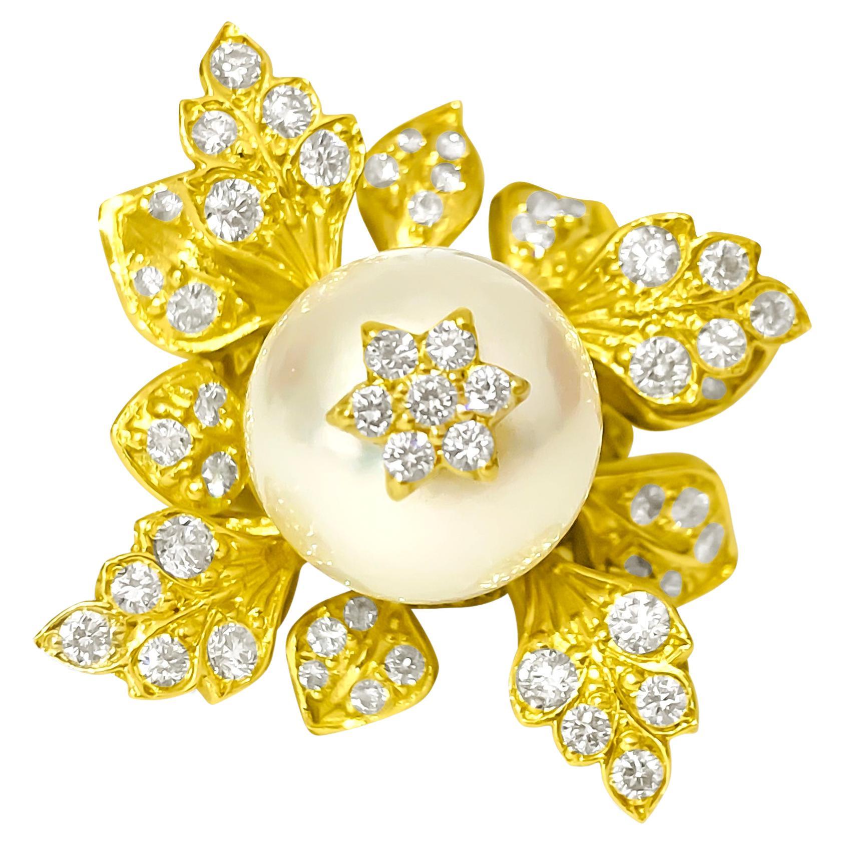 Bague en or 18k avec motif de feuilles en perles naturelles et diamants de 20ct
