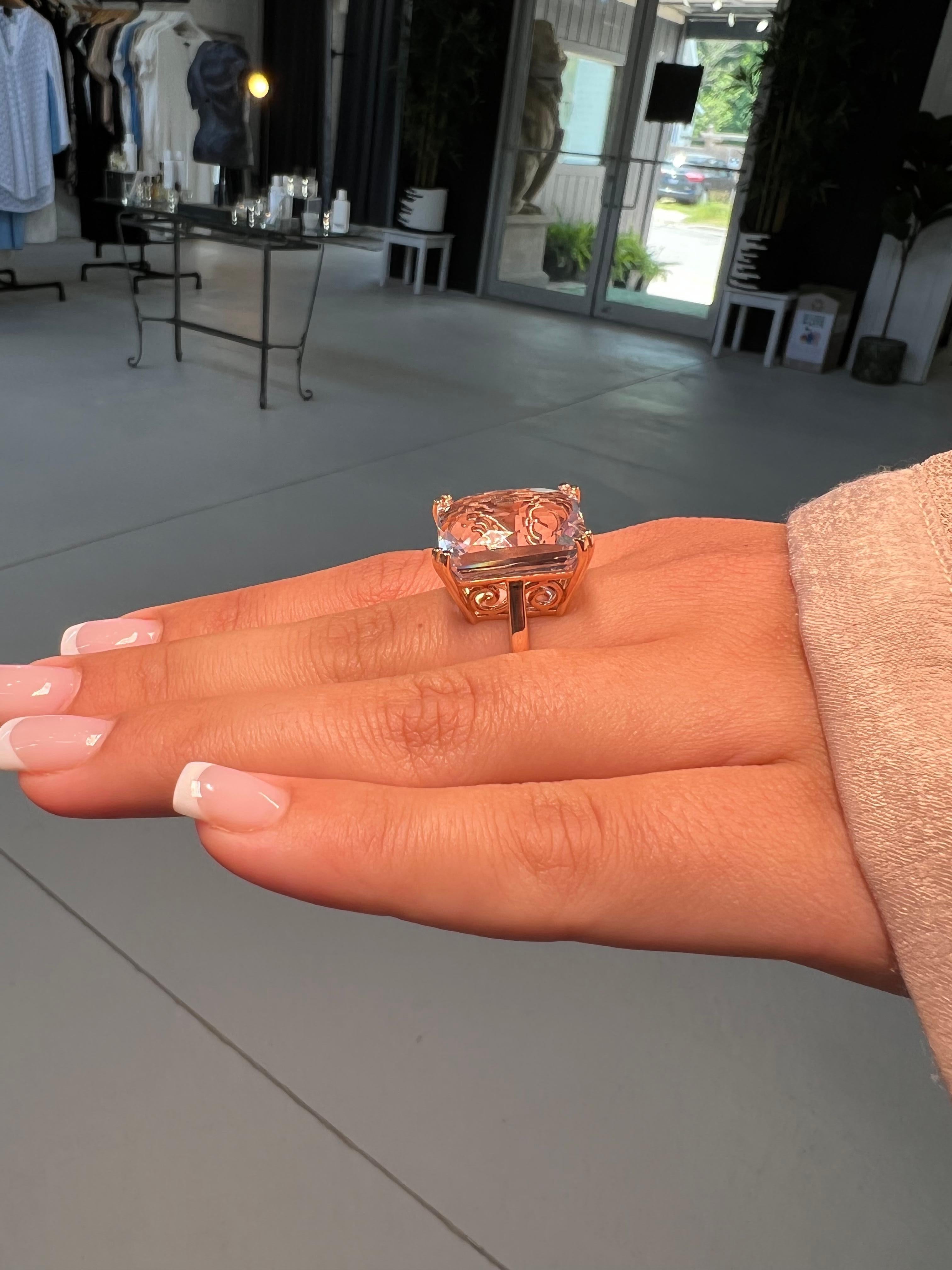 Contemporary 20ct Pink Kunzite Cocktail Ring Set in 10k Rose Gold, Handmade For Sale