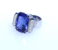 20 Carat Tanzanite Diamonds Emeralds 18 Karat White Gold Cocktail Ring, 2000