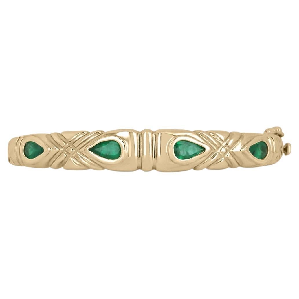 2.0cts 14K Colombian Emerald-Pear Cut Four Stone Emerald Gold Bangle Bracelet For Sale