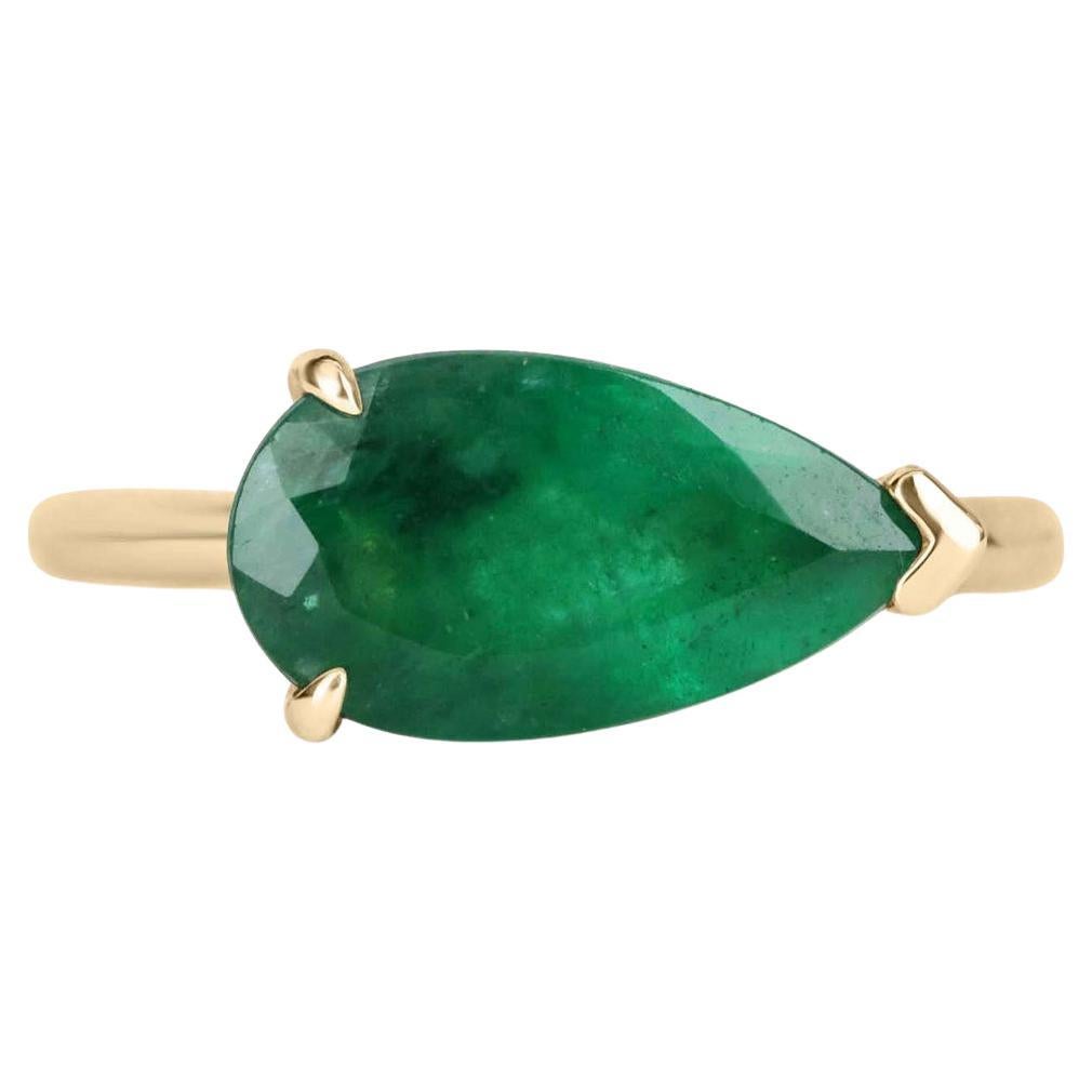 Anello solitario con tre punte da est a ovest con pera di smeraldo, regalo 14K Yellow
