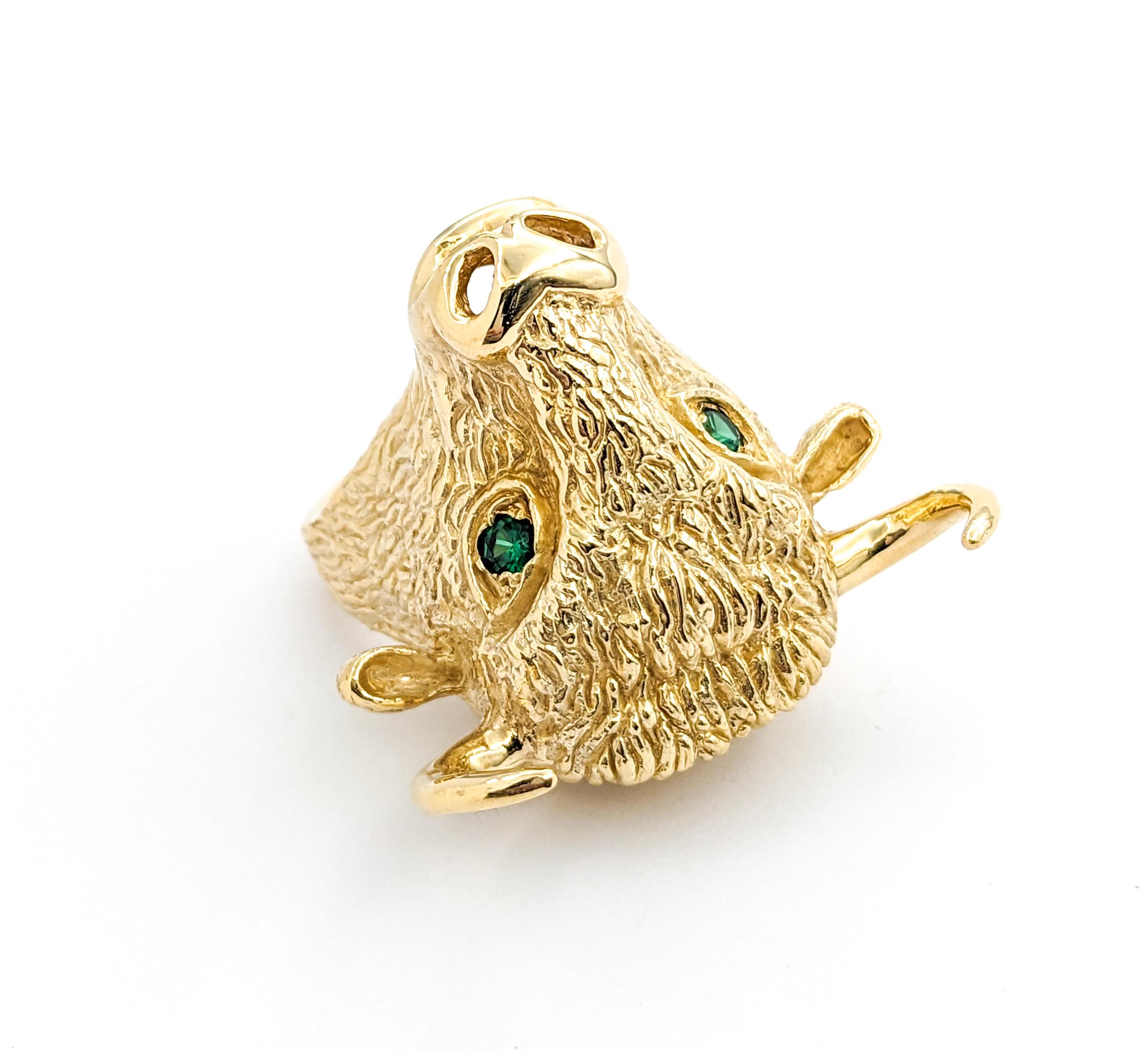 .20ctw Emerald Bull Head with Horns Custom Design Ring In Yellow Gold For Sale 4