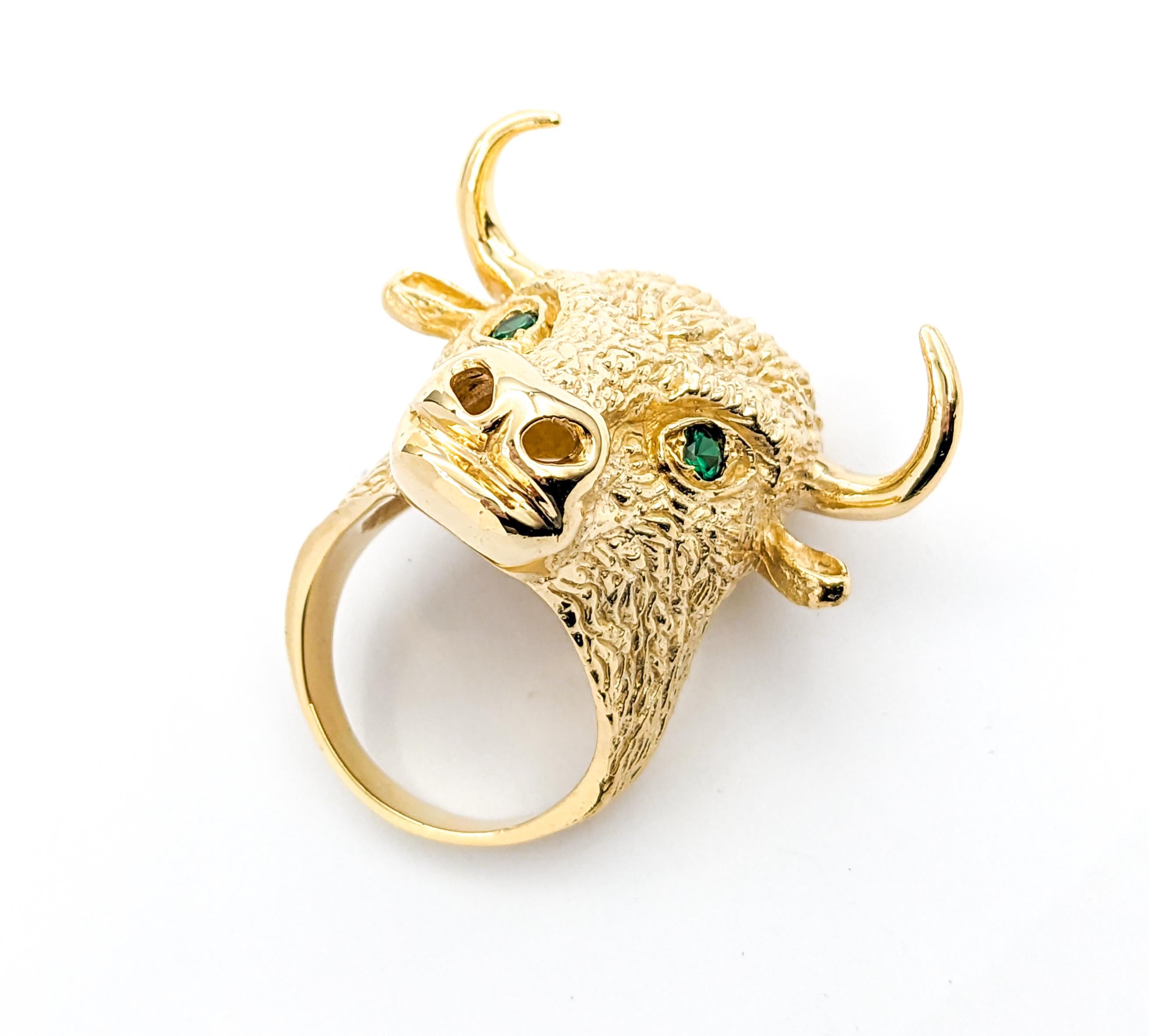 .20ctw Emerald Bull Head with Horns Custom Design Ring In Yellow Gold For Sale 6