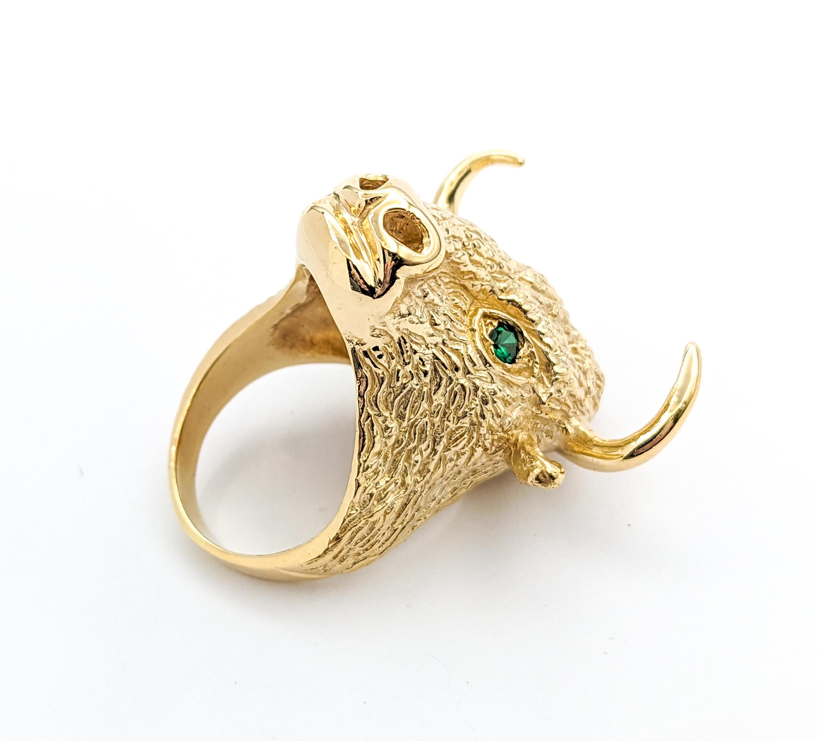 .20ctw Emerald Bull Head with Horns Custom Design Ring In Yellow Gold For Sale 7