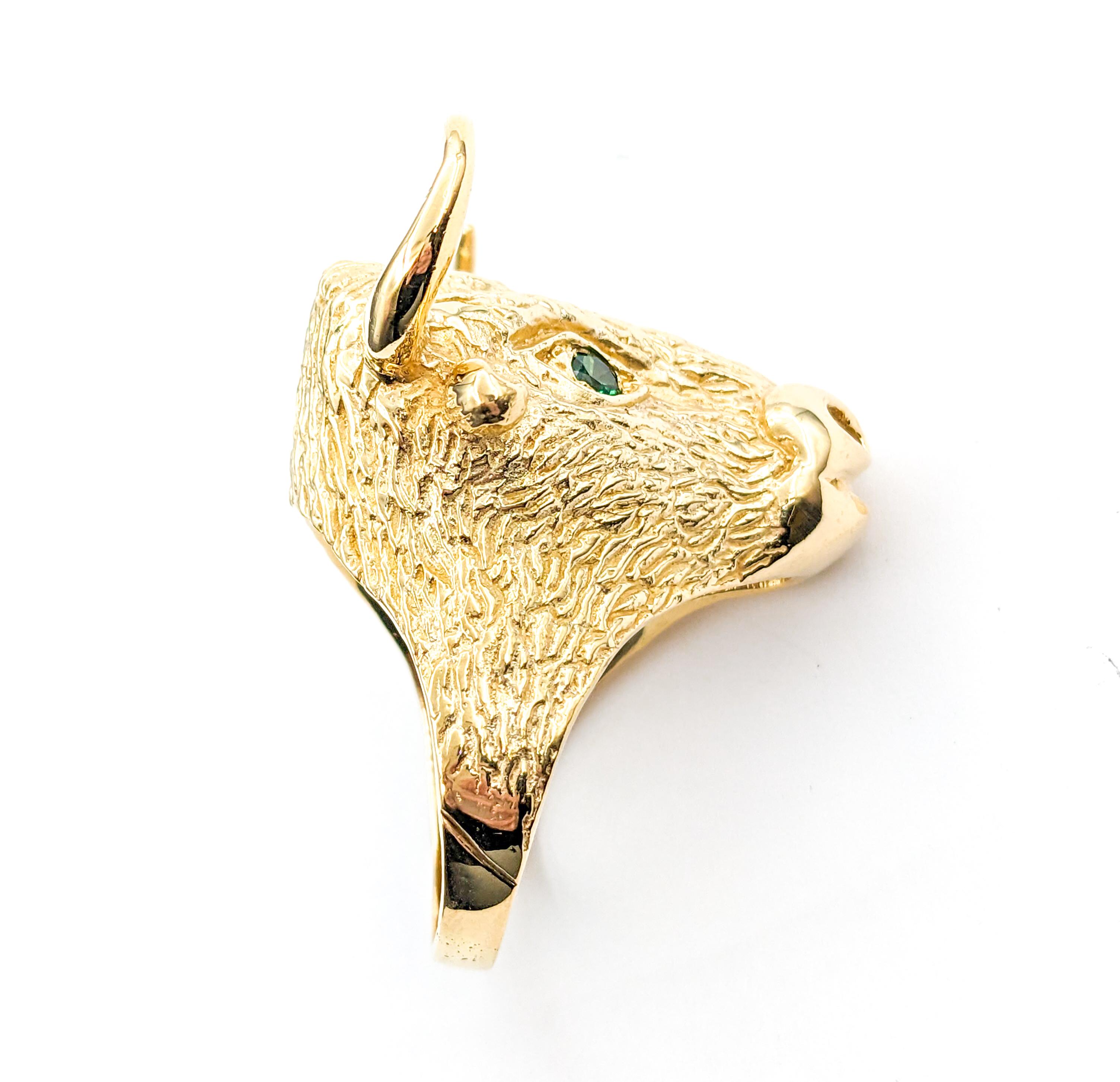 Women's .20ctw Emerald Bull Head with Horns Custom Design Ring In Yellow Gold For Sale