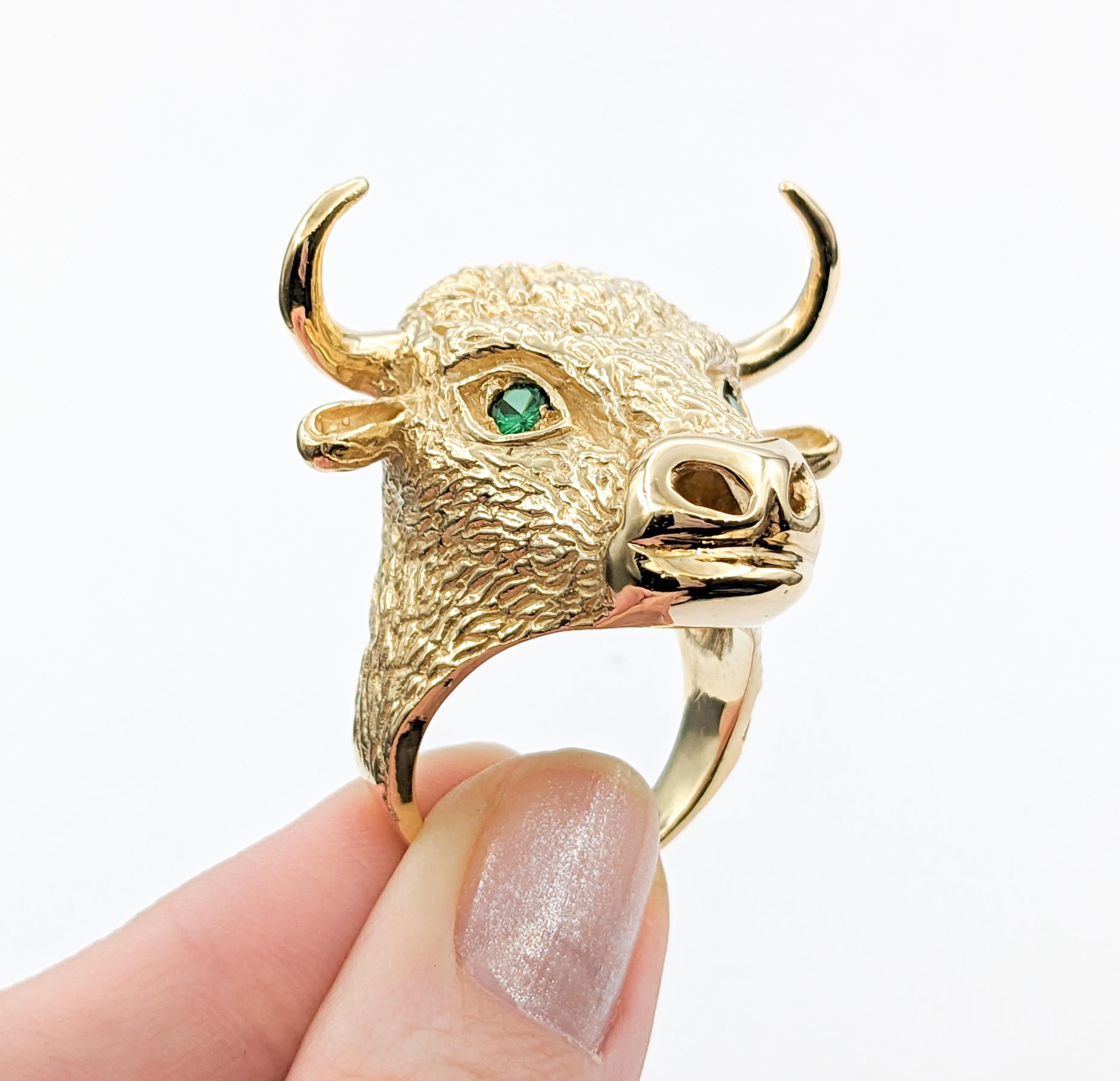 .20ctw Emerald Bull Head with Horns Custom Design Ring In Yellow Gold For Sale 1