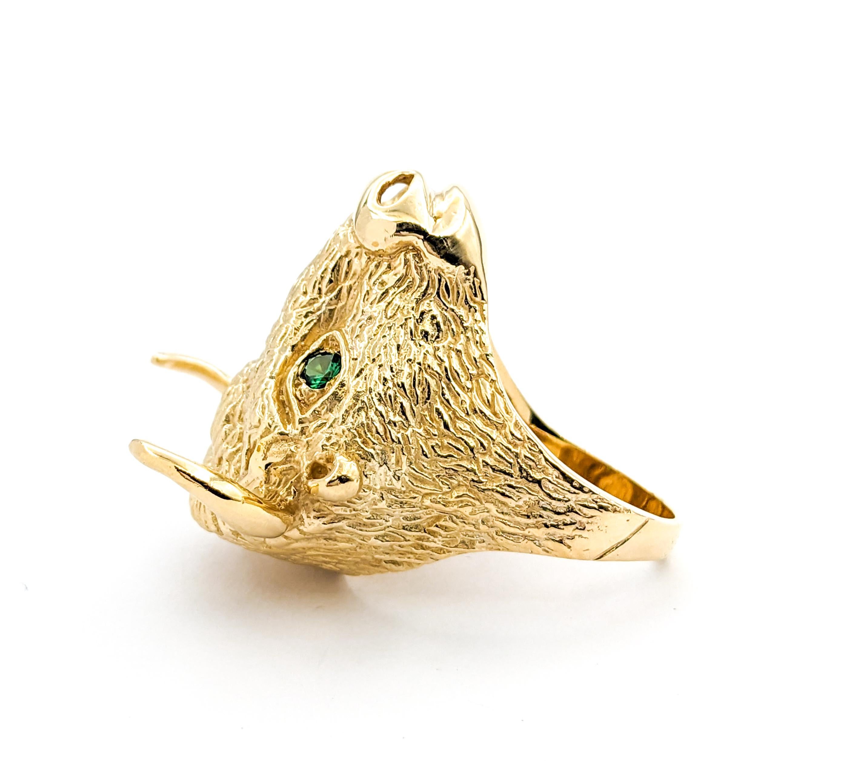 .20ctw Emerald Bull Head with Horns Custom Design Ring In Yellow Gold For Sale 3
