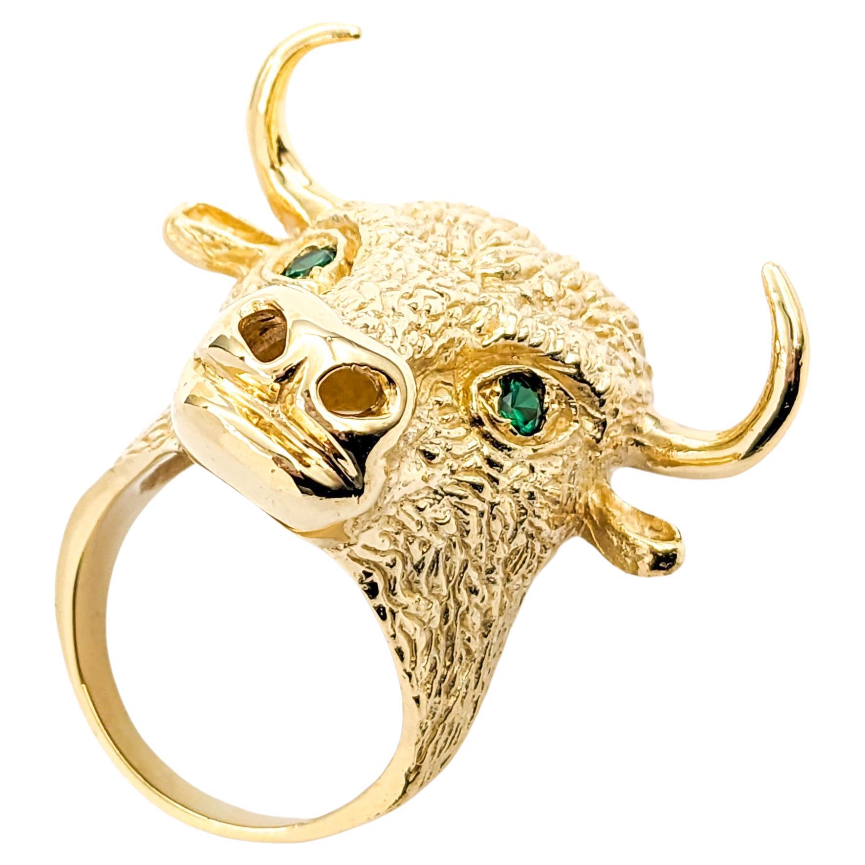 .20ctw Emerald Bull Head with Horns Custom Design Ring In Yellow Gold For Sale