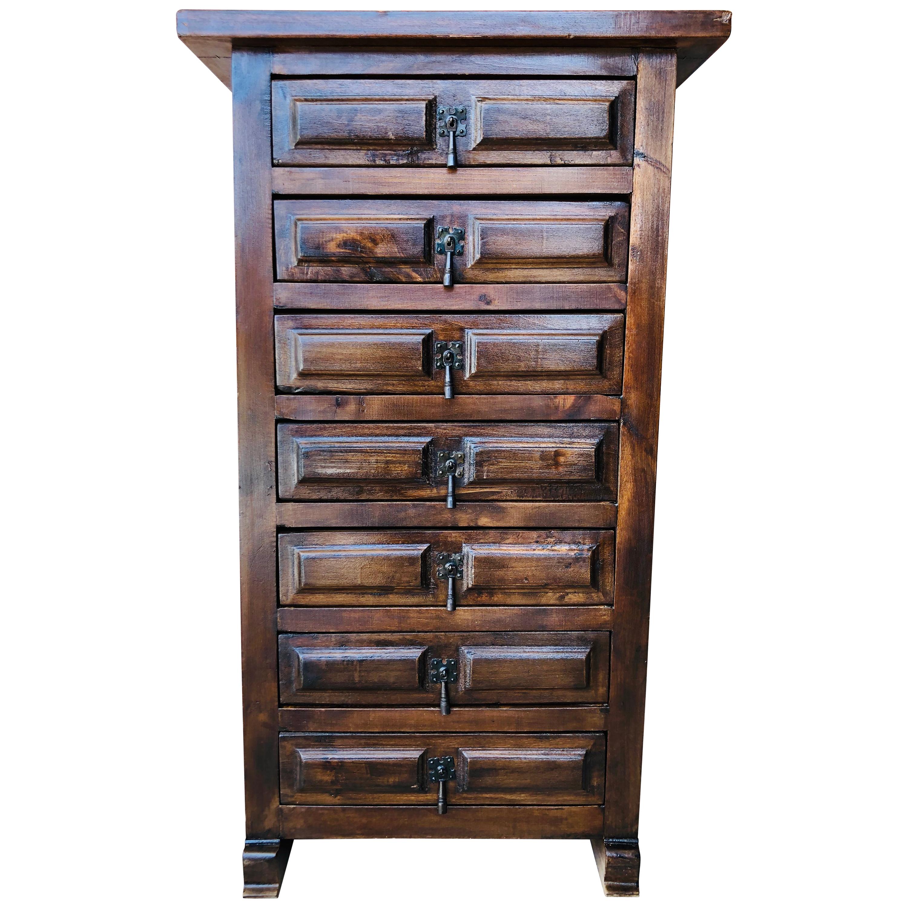 20th Century Spanish Carved Walnut Tuscan Seven Drawers Siffonier