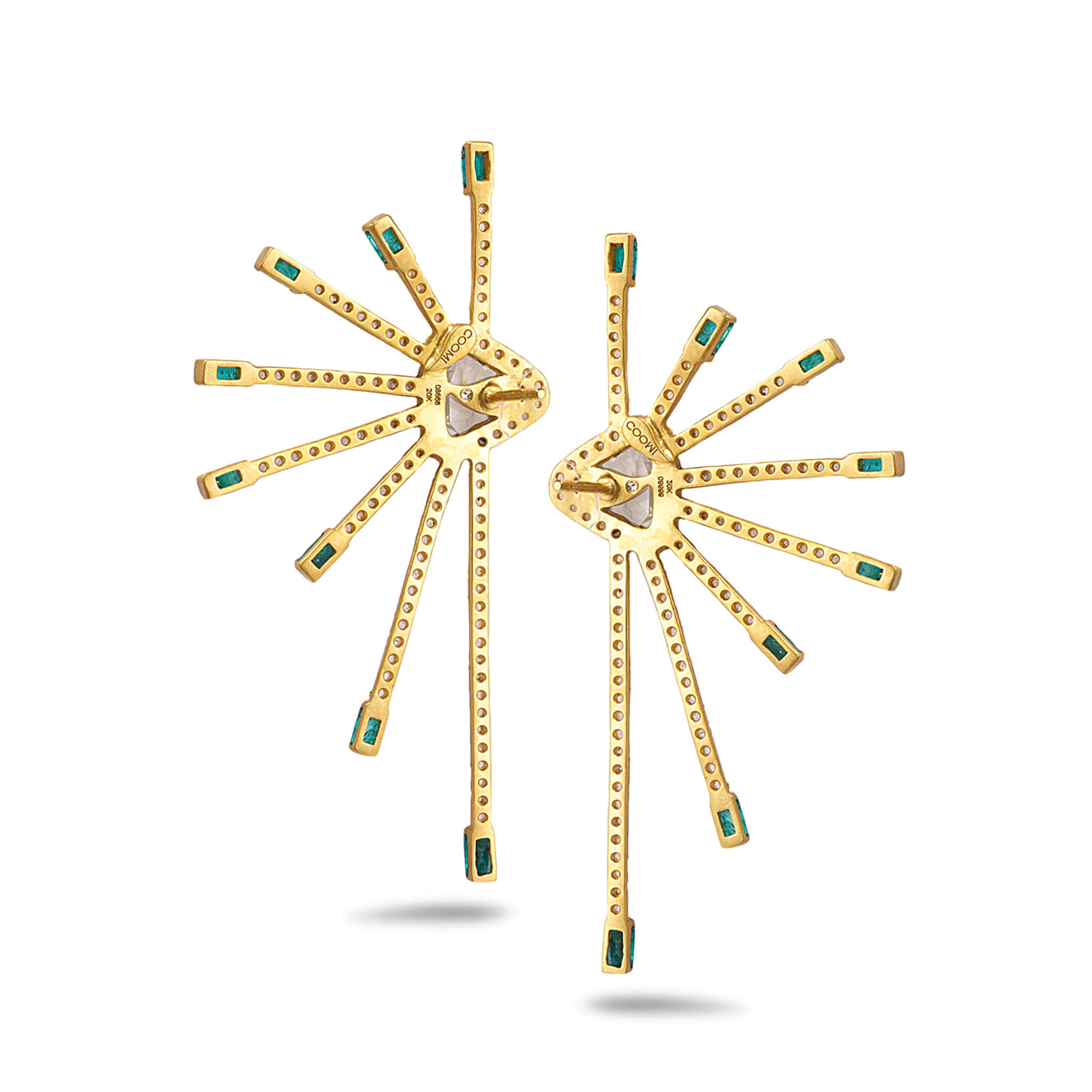 Affinity Earrings with 2.19CTS of Diamond, and 1.38CTS of Emeralds. 2.25IN Long, set in 20K Yellow Gold. 
