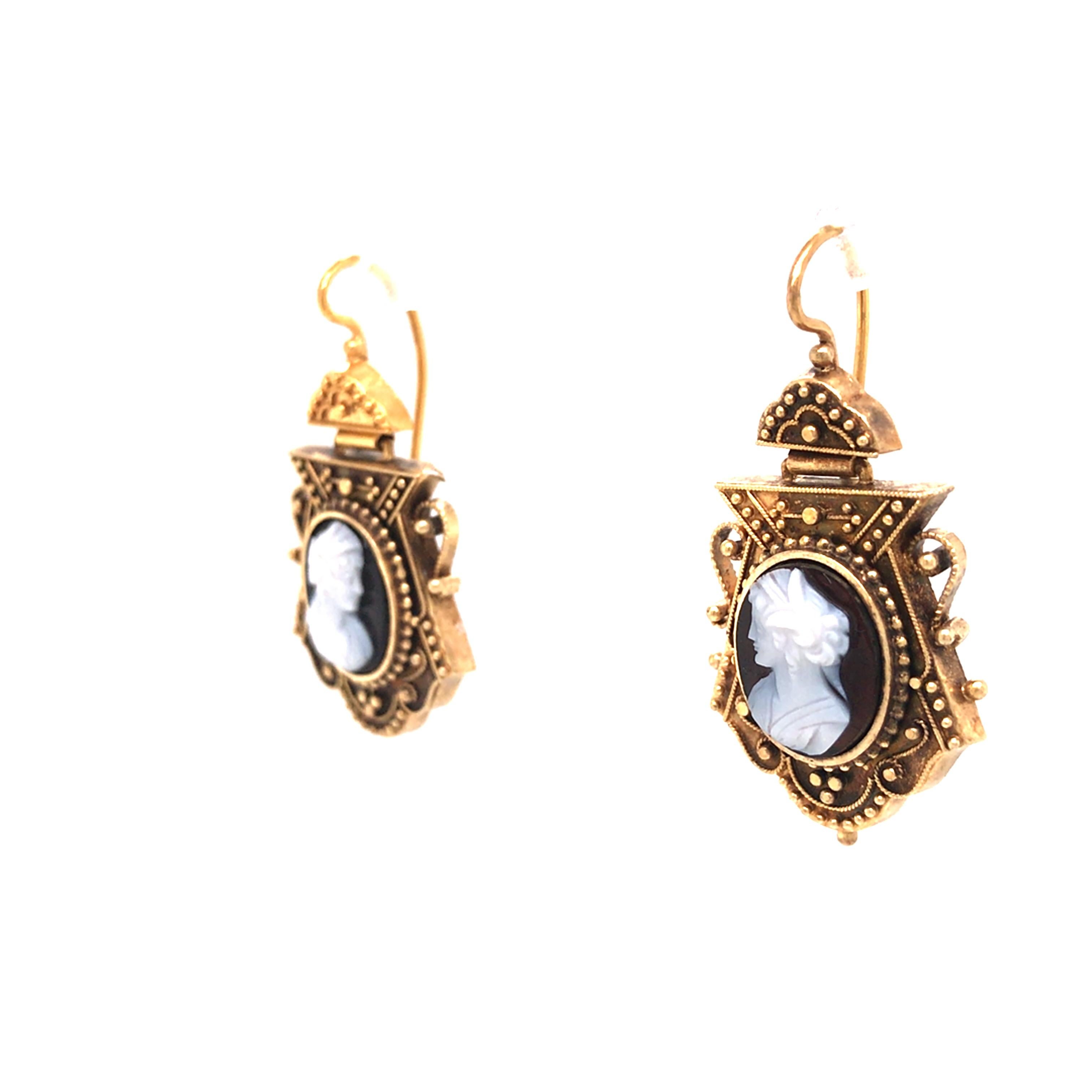 20 Karat antike Vintage Kamee-Tropfen-Ohrringe Gelbgold Damen im Angebot