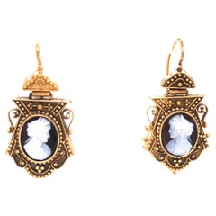 20K Antique Vintage Cameo Drop Earrings Yellow Gold