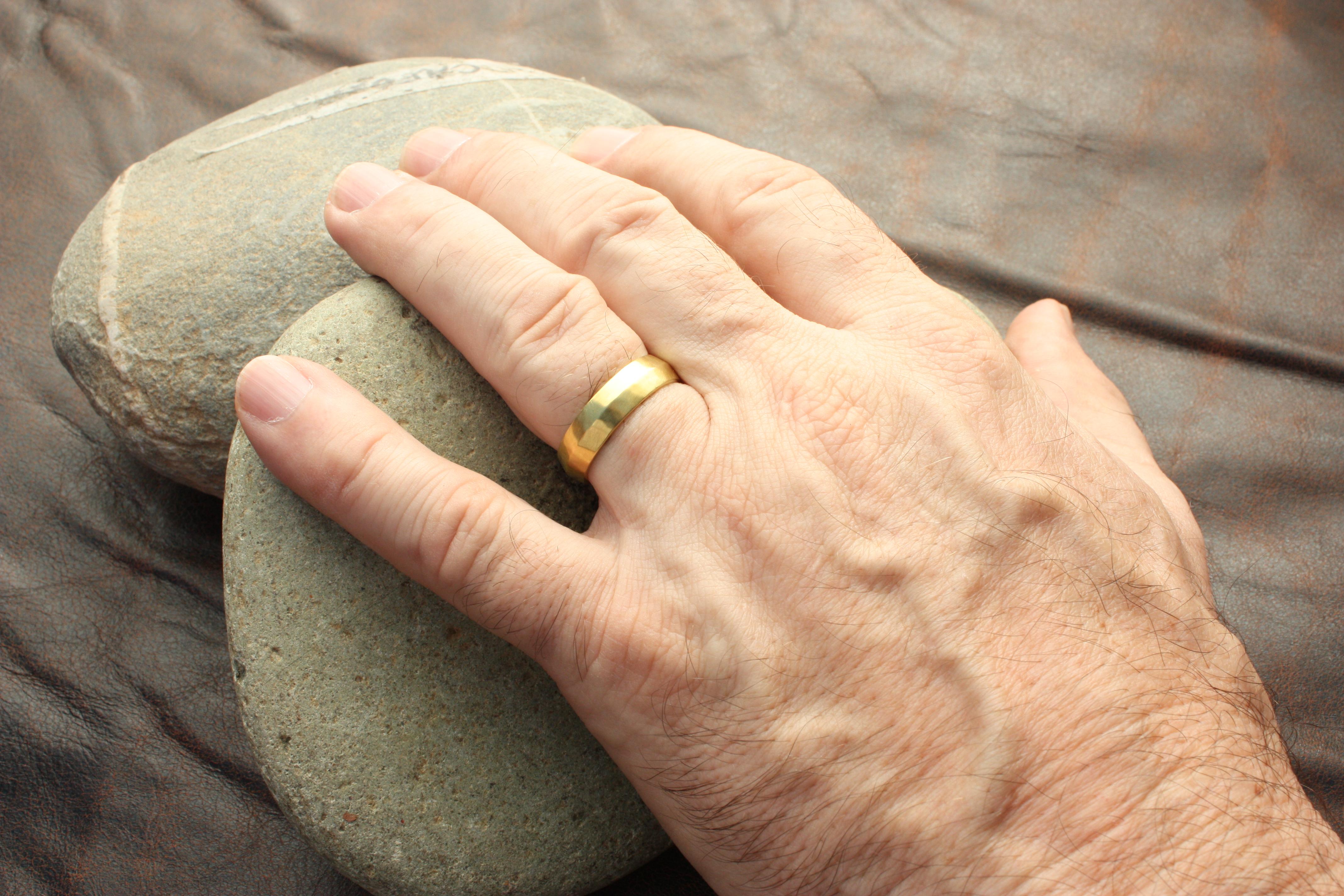 For Sale:  20k California Gold 6mm Ridged Hammered Wedding Band Handmade by BrackenJewelers 3