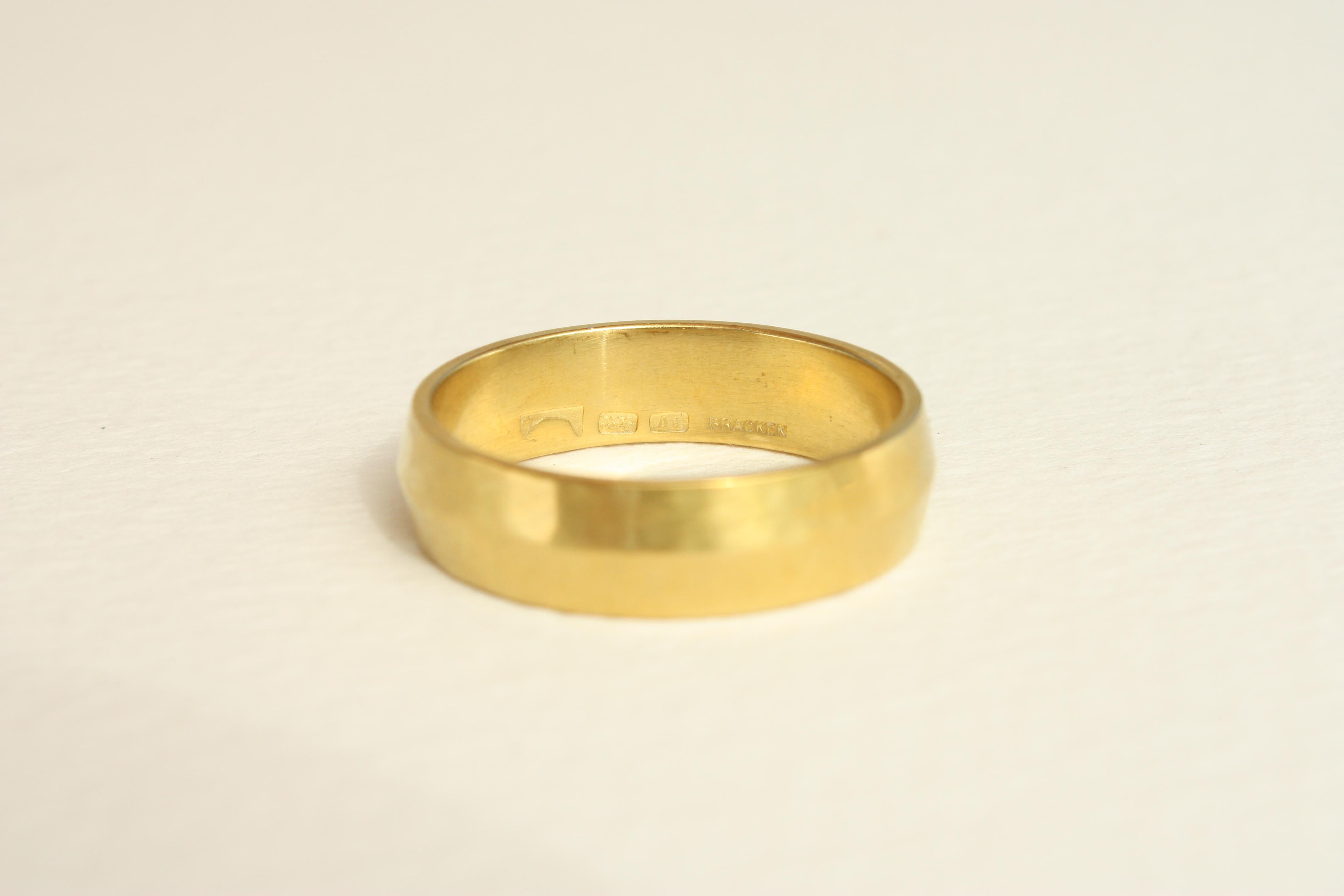 For Sale:  20k California Gold 6mm Ridged Hammered Wedding Band Handmade by BrackenJewelers 4