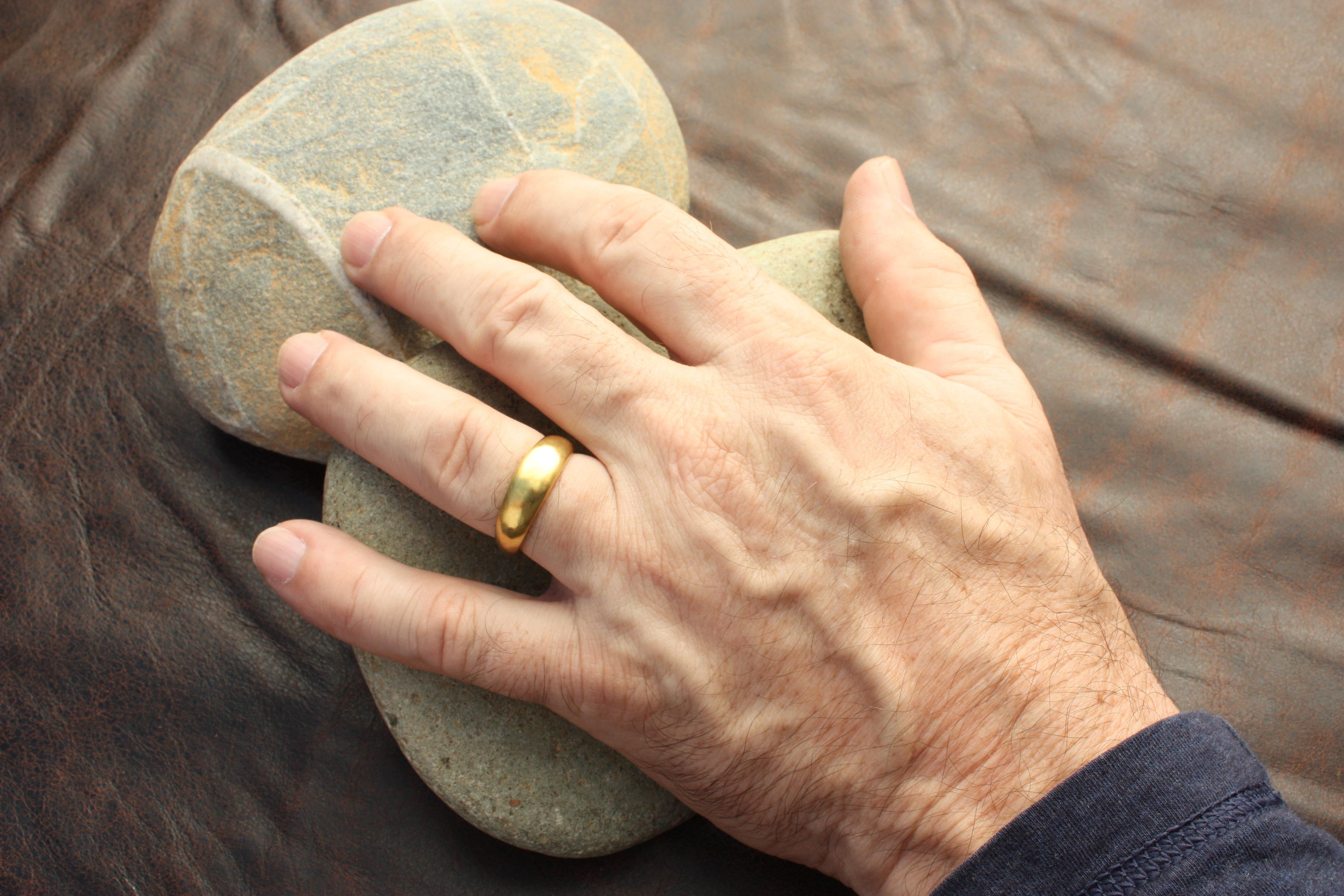 For Sale:  20k California Gold 8mm Domed Hammered Wedding Band Handmade by Bracken Jewelers 6