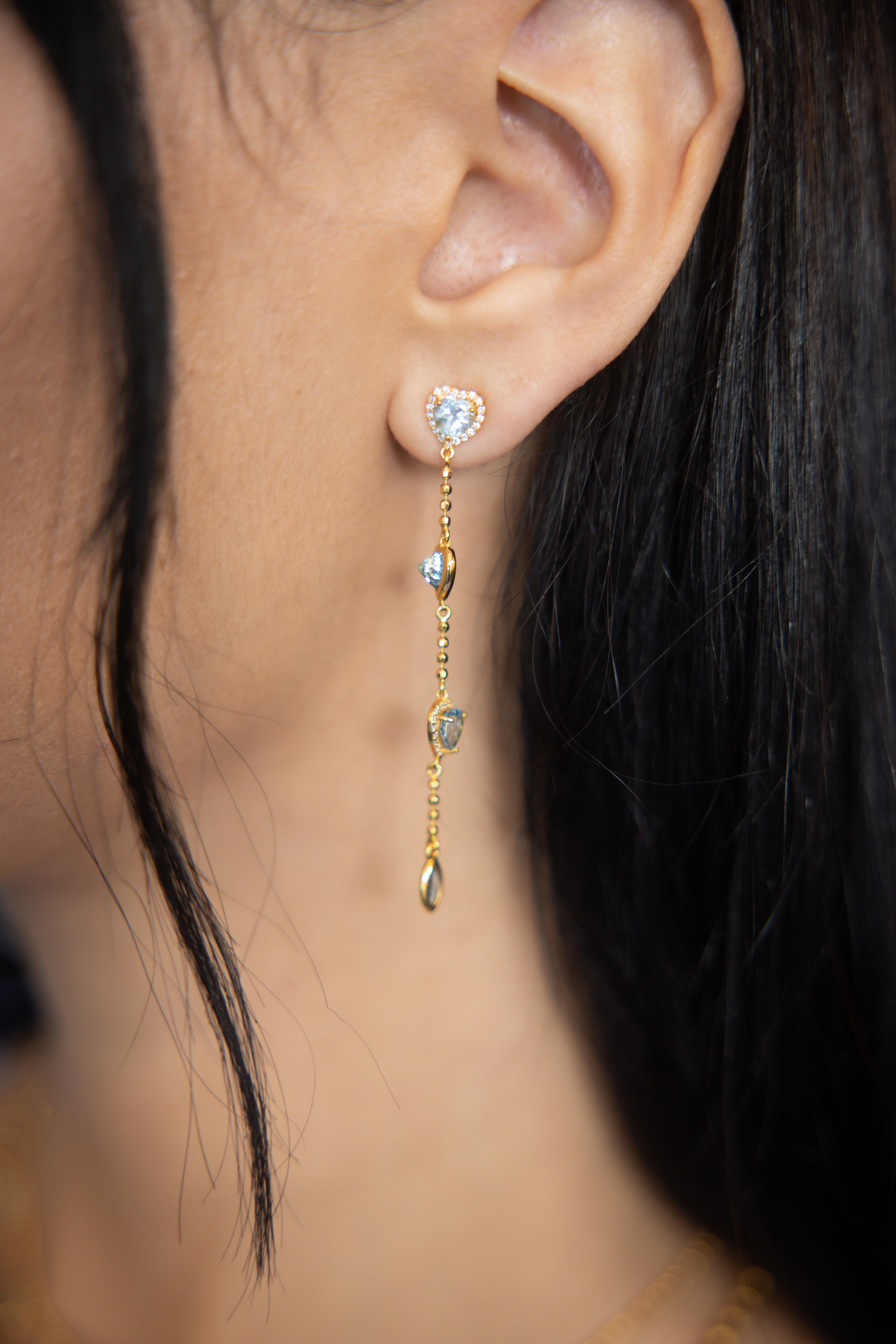 Brilliant Cut 20K Gold Aquamarine and Diamond Dangle Earrings by Buddha Mama For Sale