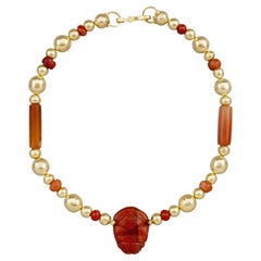 20k Gold Beads, Ancient Carnelian Beads, Tairona Chief Effigy Pendant Necklace