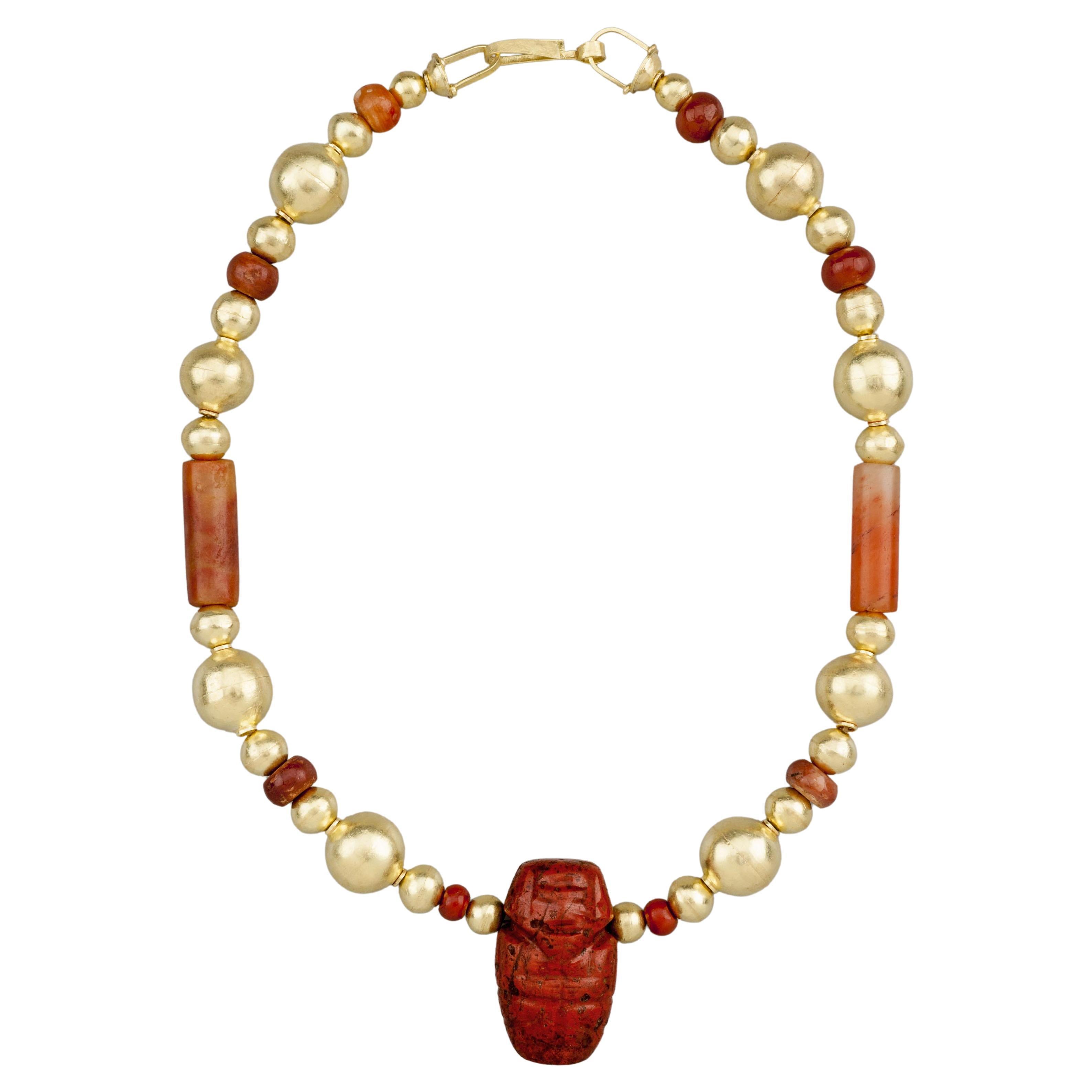 20k Gold Beads, Ancient Carnelian Tube Beads, Jasper Tairona Effigy Pendant For Sale