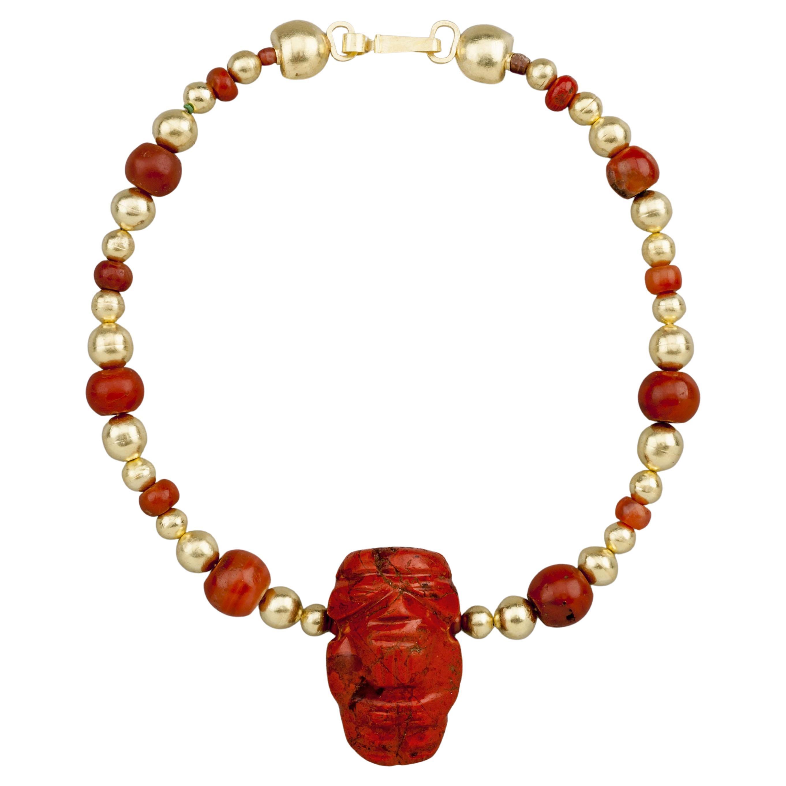 20k Gold Beads, Ancient Red Jasper Tairona Chief Pendant, Carnelian Beads For Sale