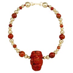 20k Gold Beads, Ancient Red Jasper Tairona Chief Pendant, Carnelian Beads