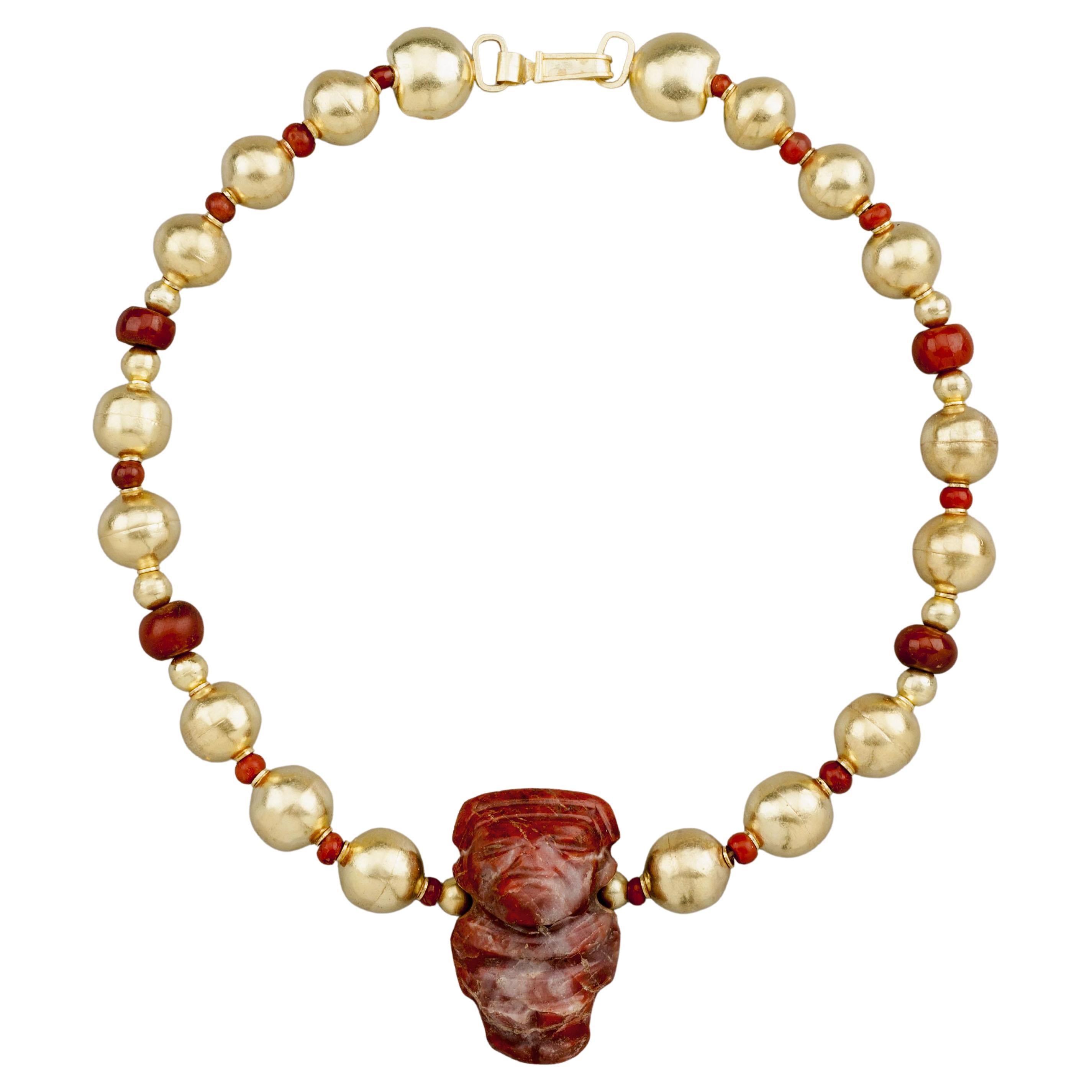 20k Gold Beads, Carnelian, and Ancient Red Jasper Tairona Chief Pendant For Sale