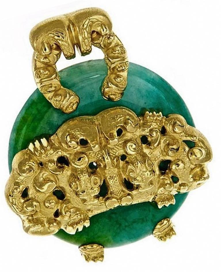 20k. Green Jade Disk and 18k. Yellow Gold Chain. Exact Replica of a Han Dynasty Imperial Ornament. Created, Designed and Fabricated in Manhattan under the Direct Supervision of Prince John Landrum Bryant. It comes in a unique custom made box