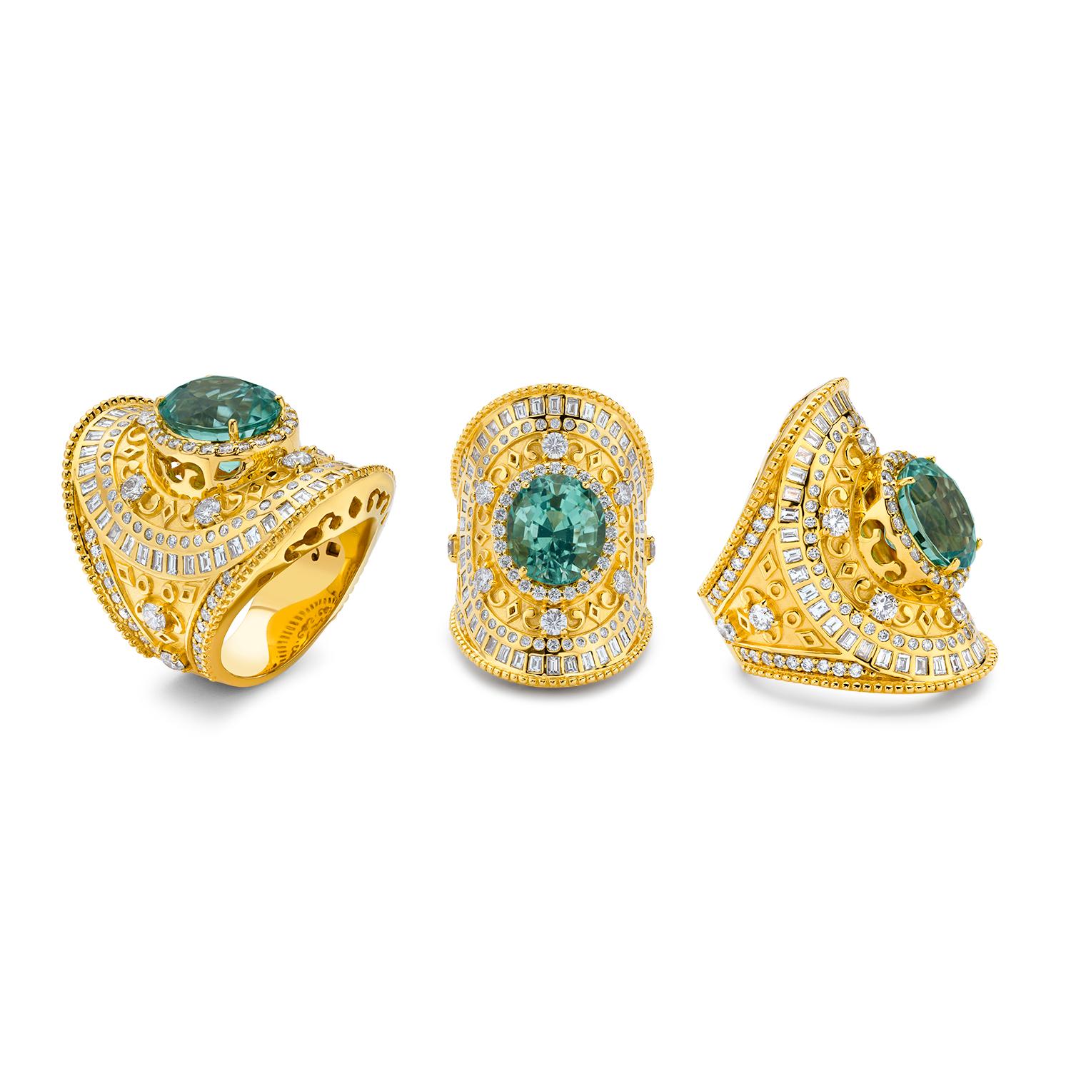 Brilliant Cut 20K Green Tourmaline and Diamond Wrap Ring by Buddha Mama For Sale
