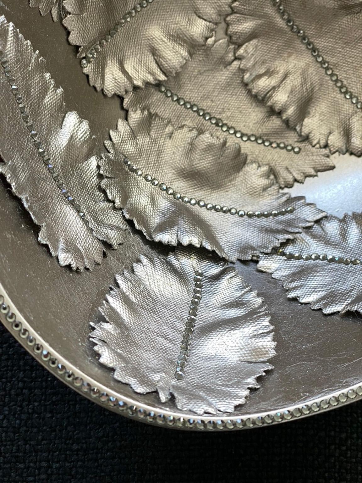 American 20K Silver Leaf with Crystals Embossed Leaves Metal Bowl For Sale