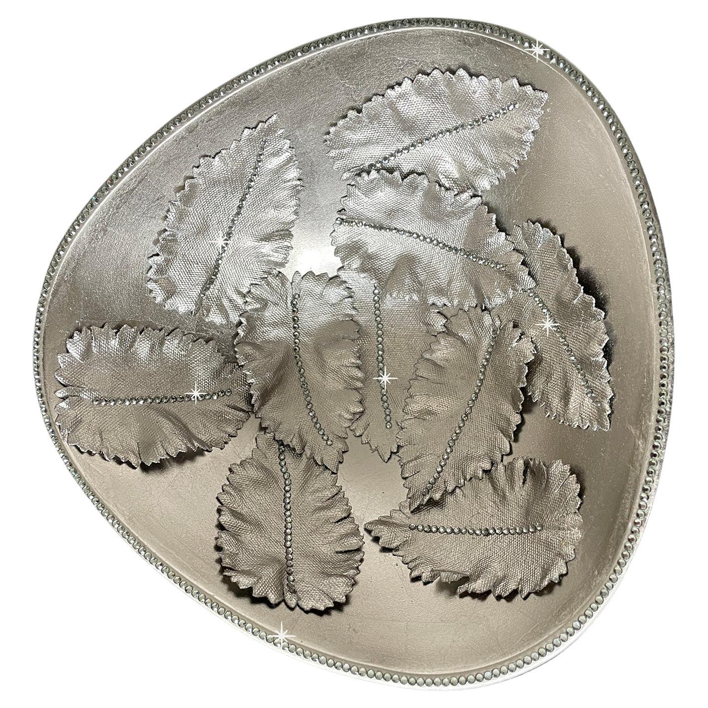 20K Silver Leaf with Crystals Embossed Leaves Metal Bowl