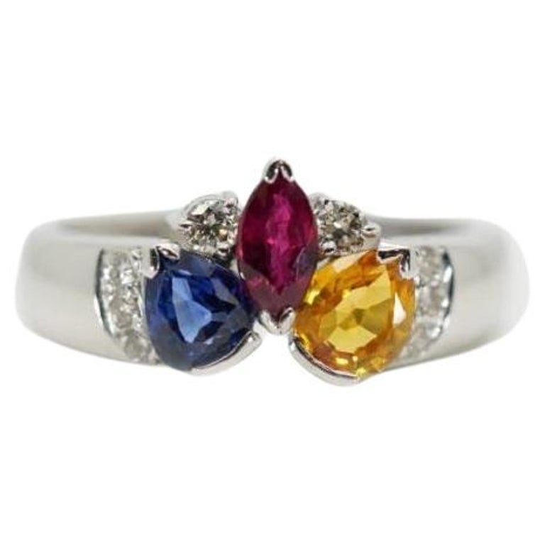 Bague Jarretière Or Blanc 18k Diamants Saphirs Rubis (environ 1960) - Taille 51 - Vintage