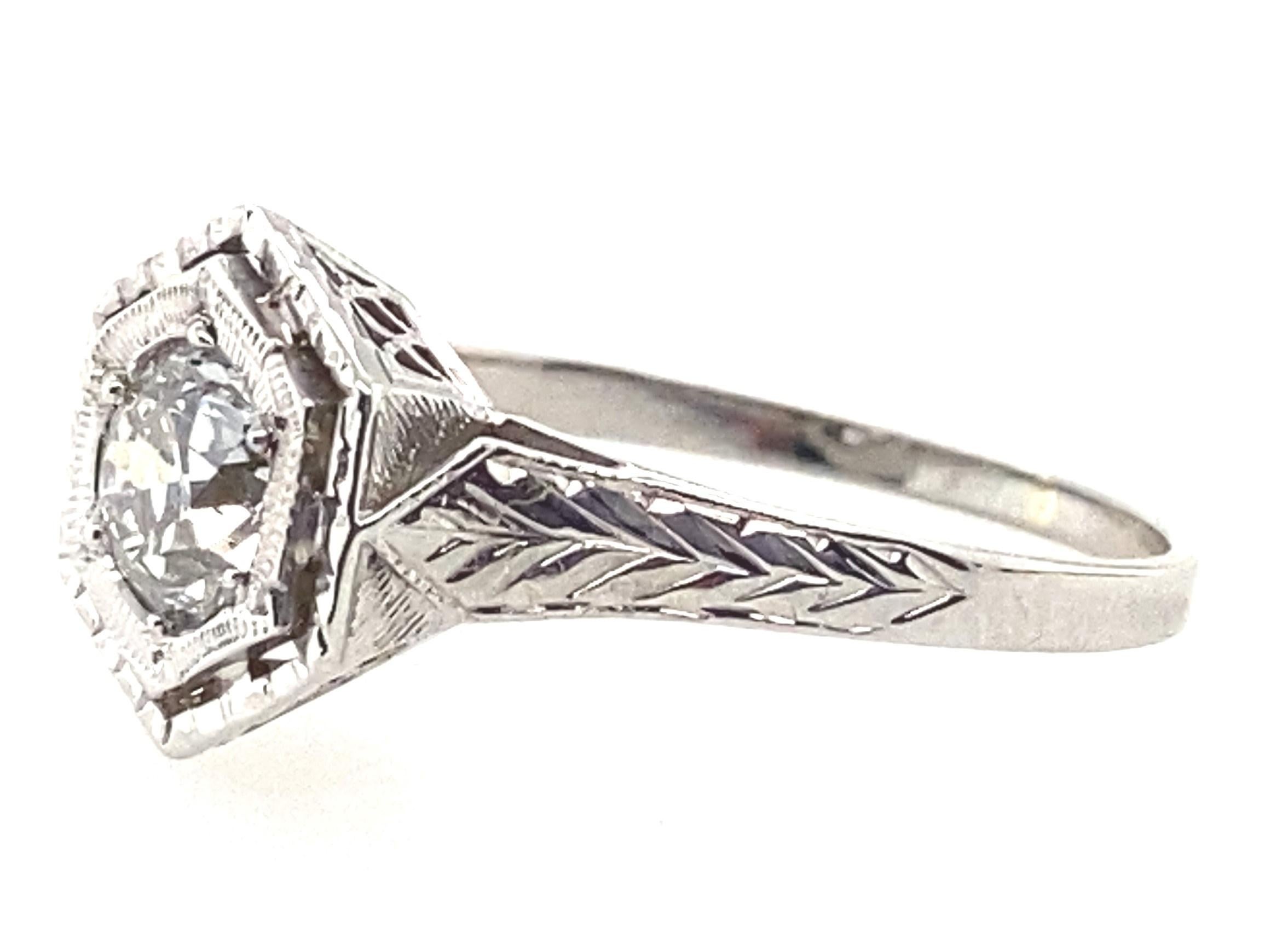 Women's or Men's 20k White Gold Old European Cut Diamond Art Deco Ring For Sale