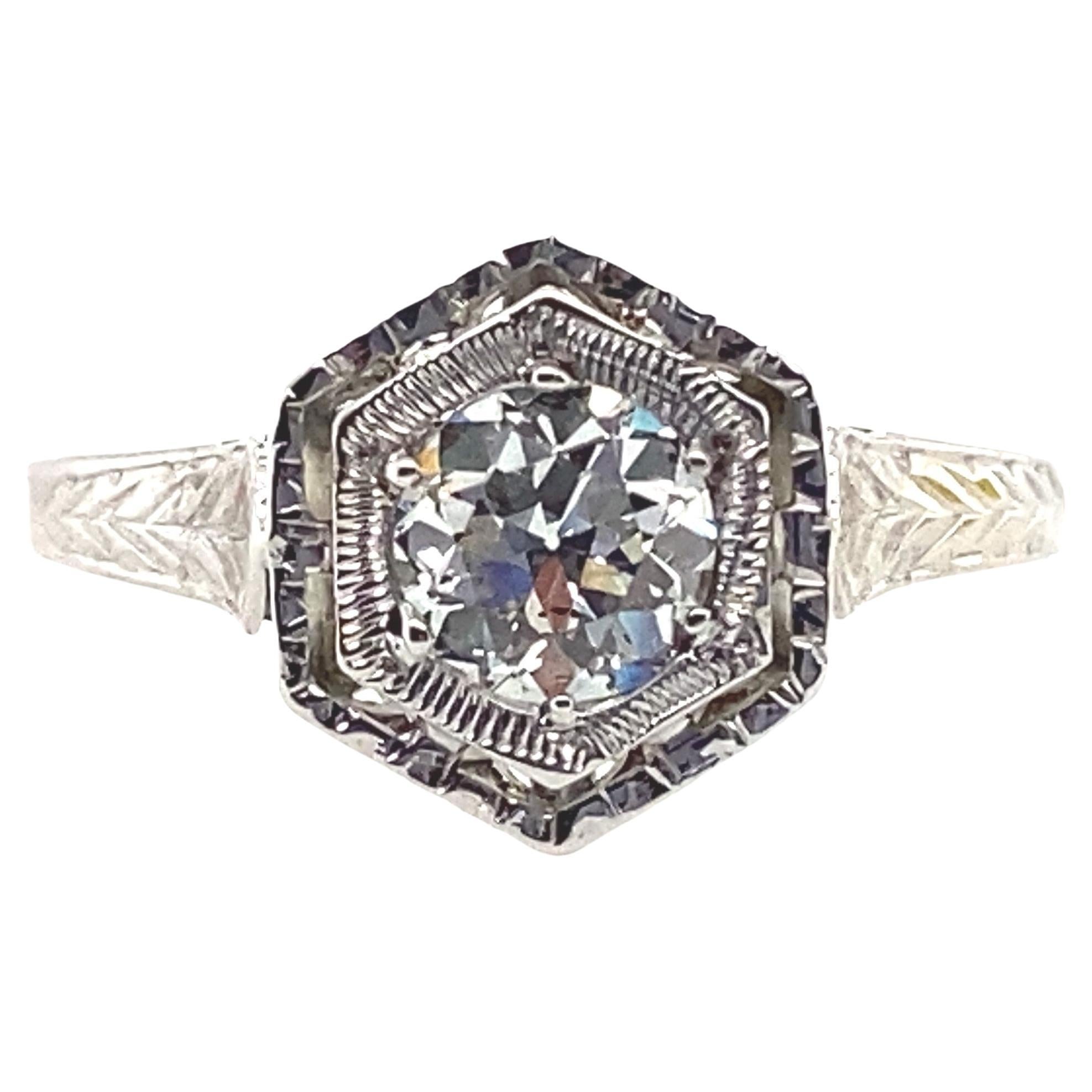 20k White Gold Old European Cut Diamond Art Deco Ring For Sale