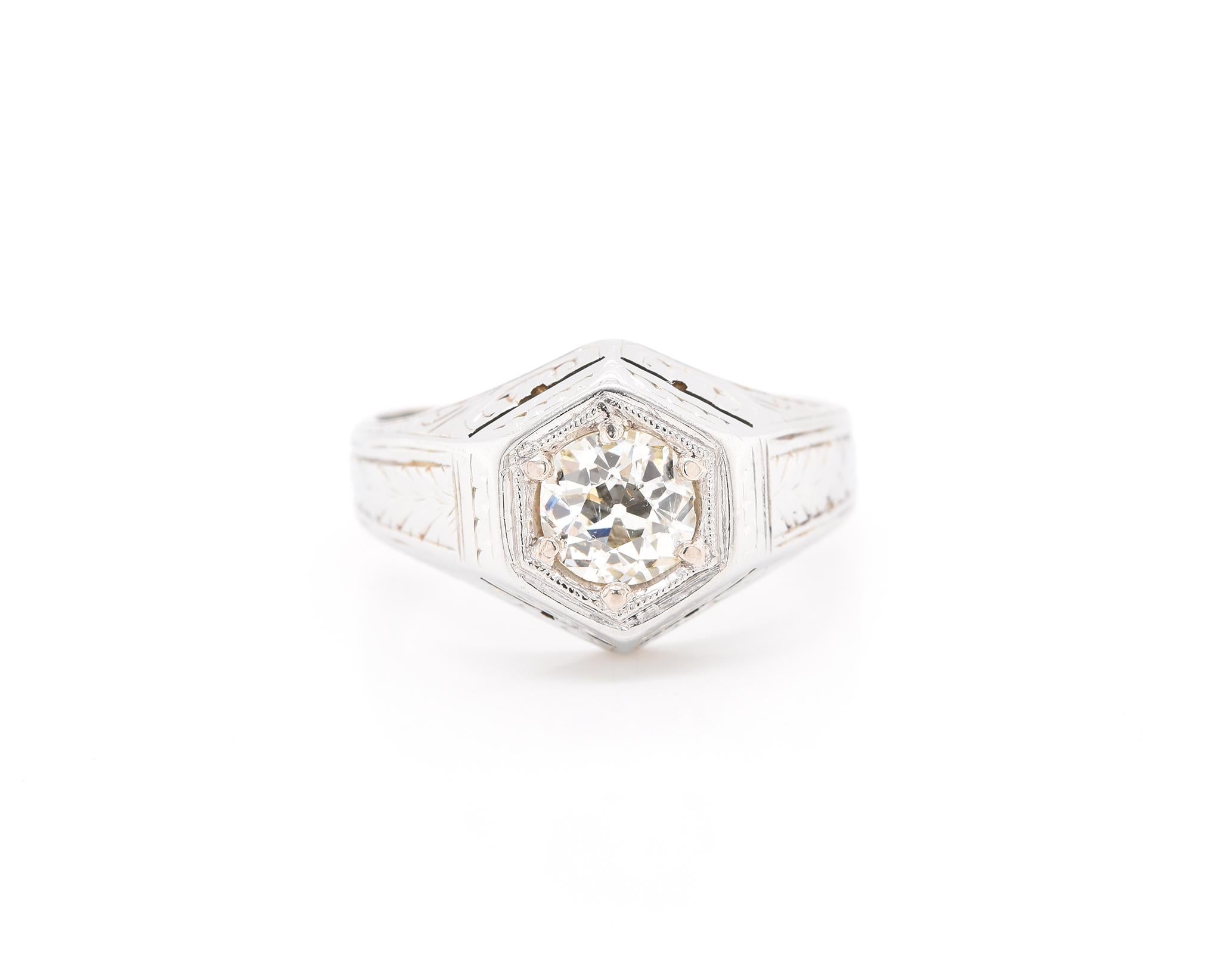 Designer: custom
Material: 20k white gold
Diamond: 1 euro round cut = 0.75ct
Color: J
Clarity: SI2
Size: 6  (please allow two additional shipping days for sizing requests)  
Dimensions: ring measures 12.05mm in width
Weight: 5.40 grams
